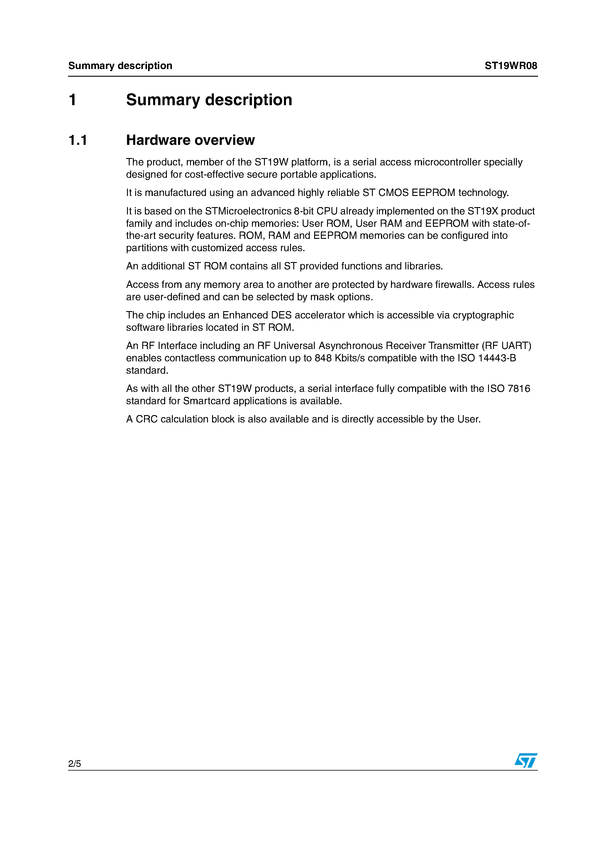 Даташит ST19WR08 - Dual Contactless Smartcard MCU страница 2