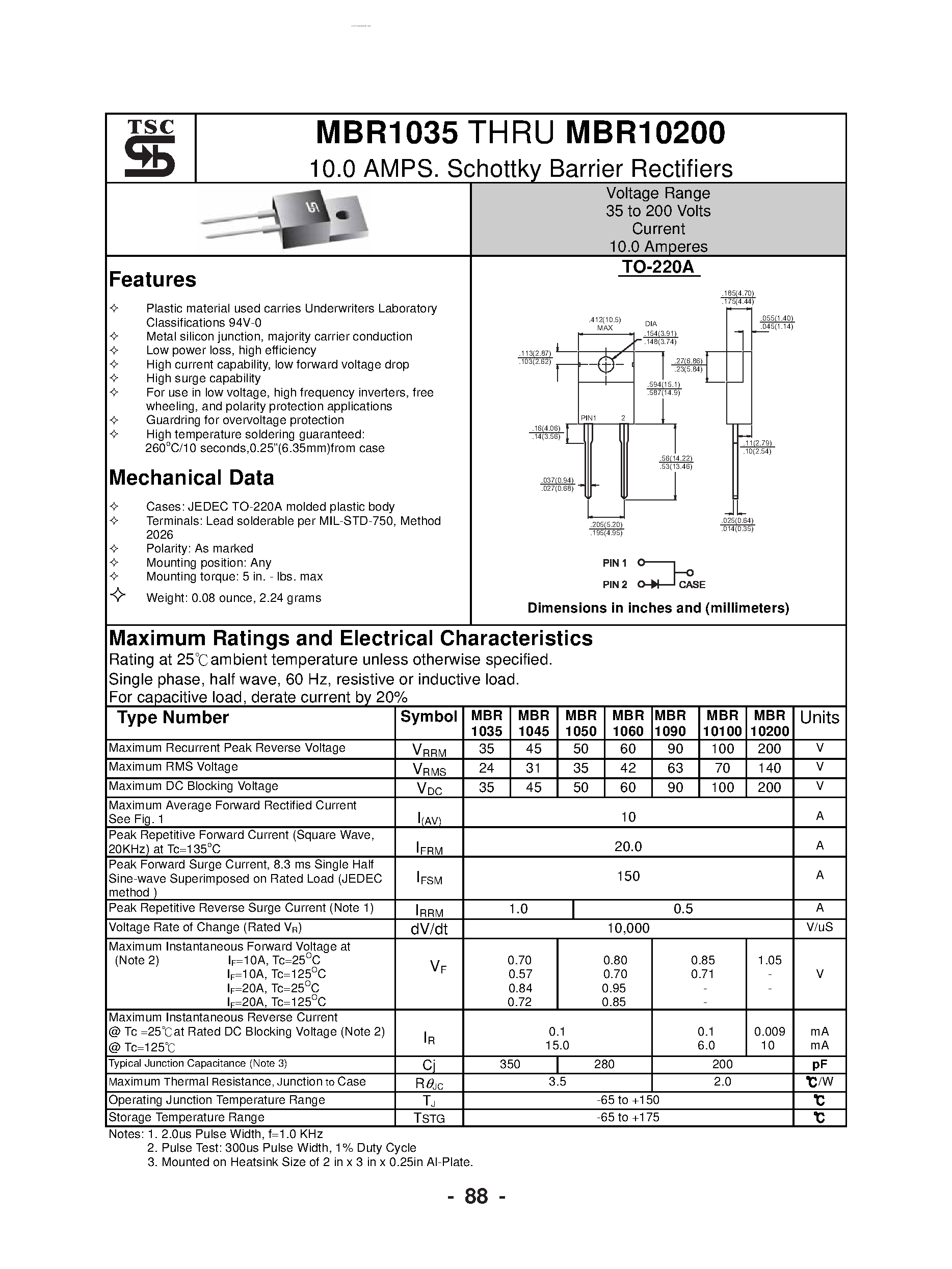 Datasheet MBR10100 page 1 Datasheet MBR10100 - (MBR1035 - MBR10200) Schottky Barrier Rectifiers page 1