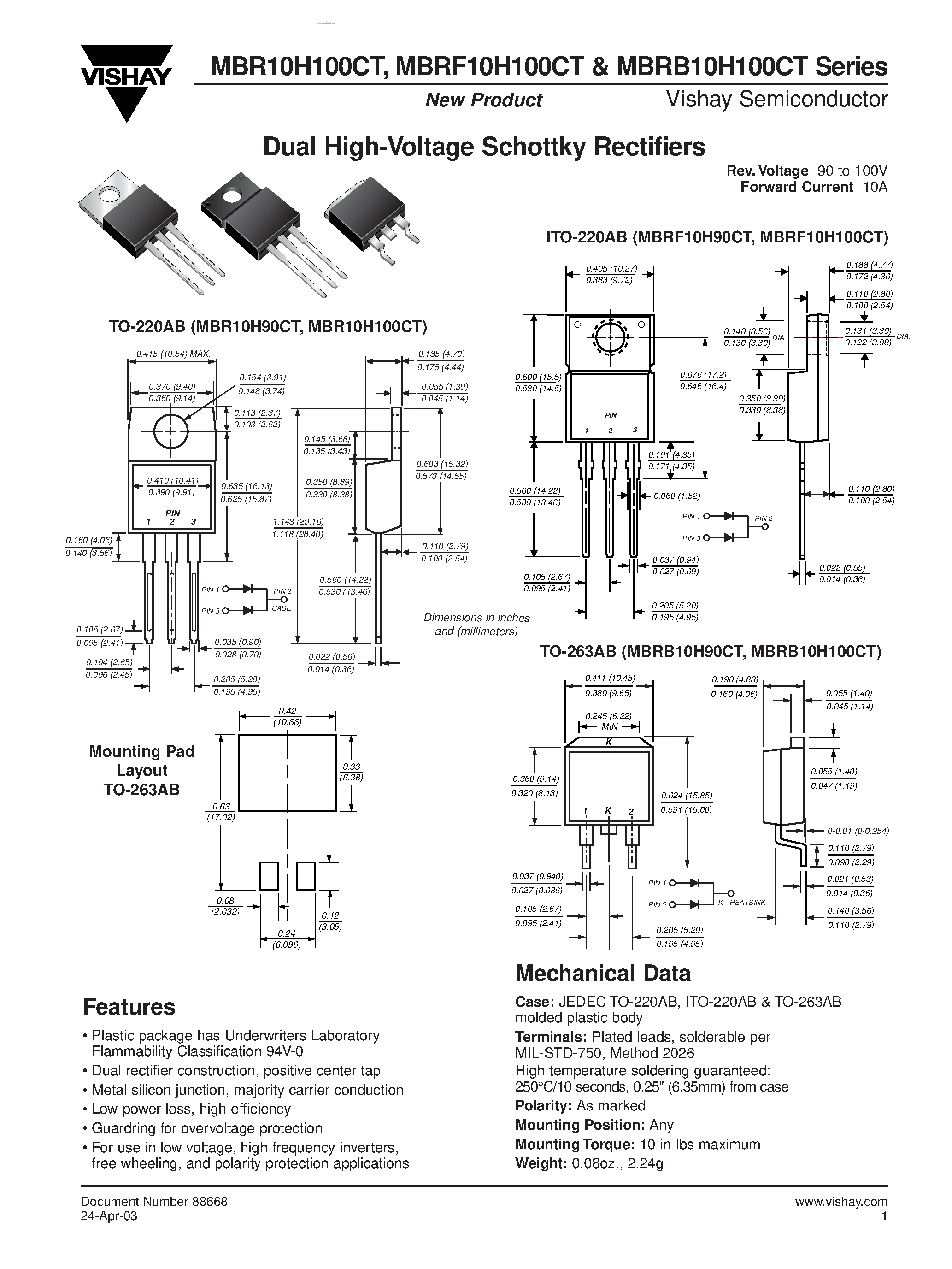 Datasheet MBR10100CT page 1 Datasheet MBR10100CT - (MBRx10100CT) Dual High Voltage Schottky Rectifiers page 1
