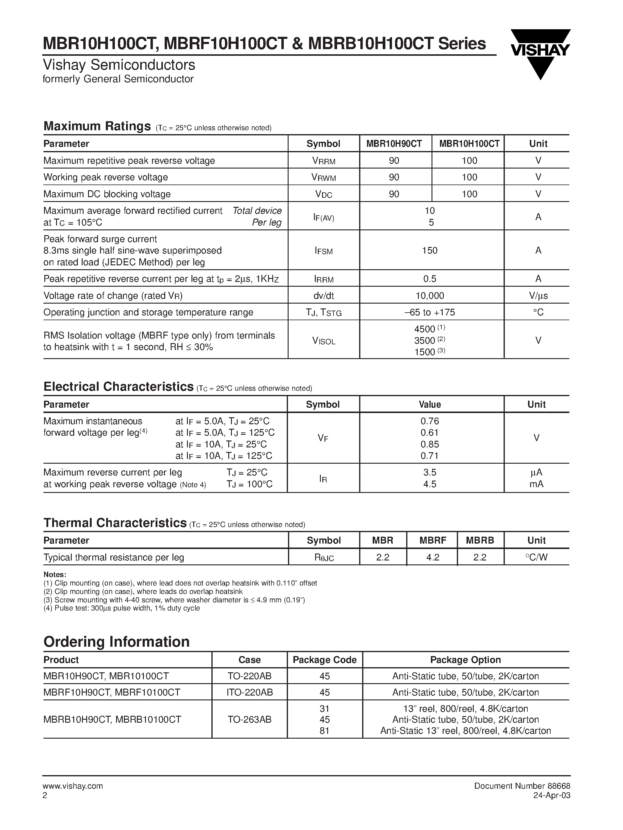 Datasheet MBR10100CT page 2 Datasheet MBR10100CT - (MBRx10100CT) Dual High Voltage Schottky Rectifiers page 2