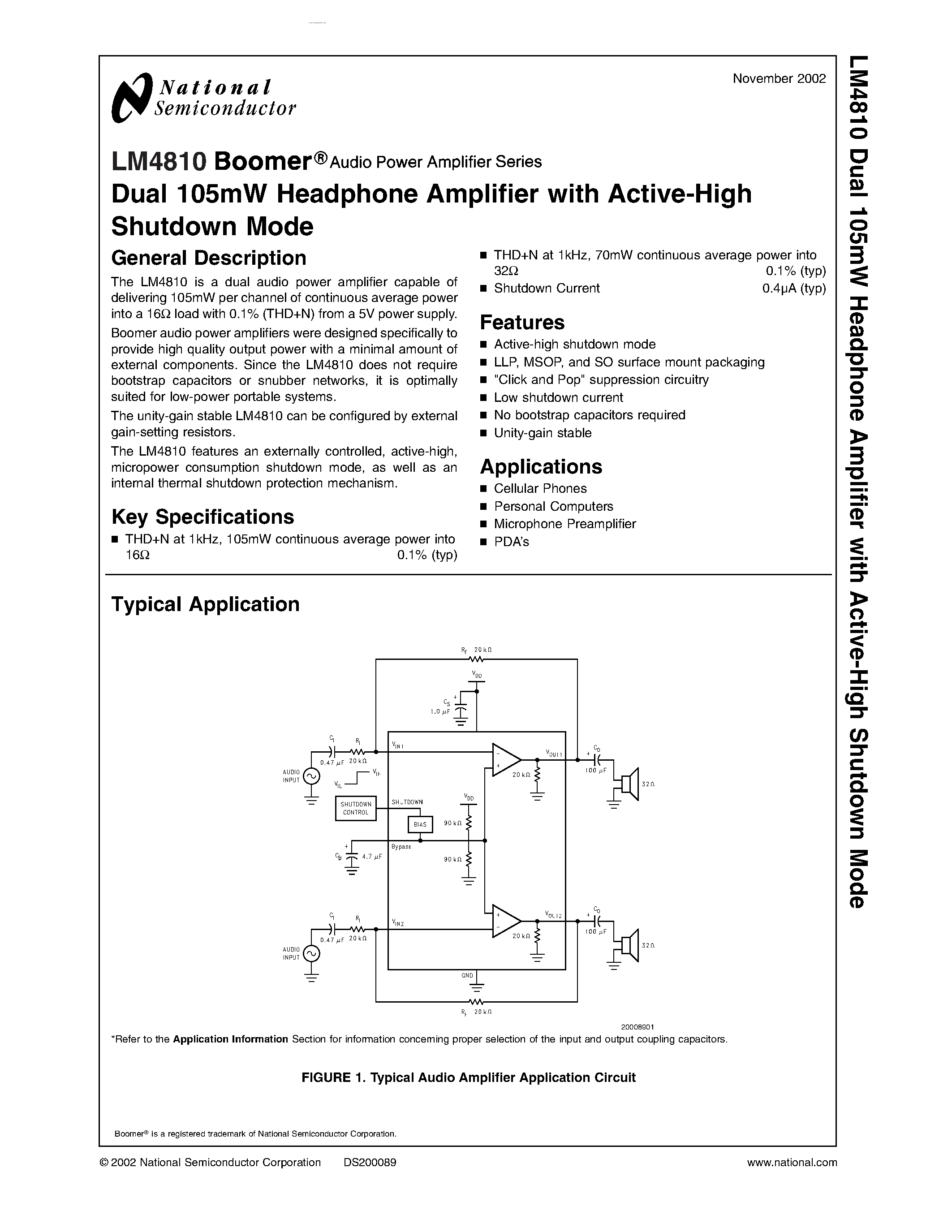 Datasheet LM4810 page 1 Datasheet LM4810 - Dual 105mW Headphone Amplifier page 1