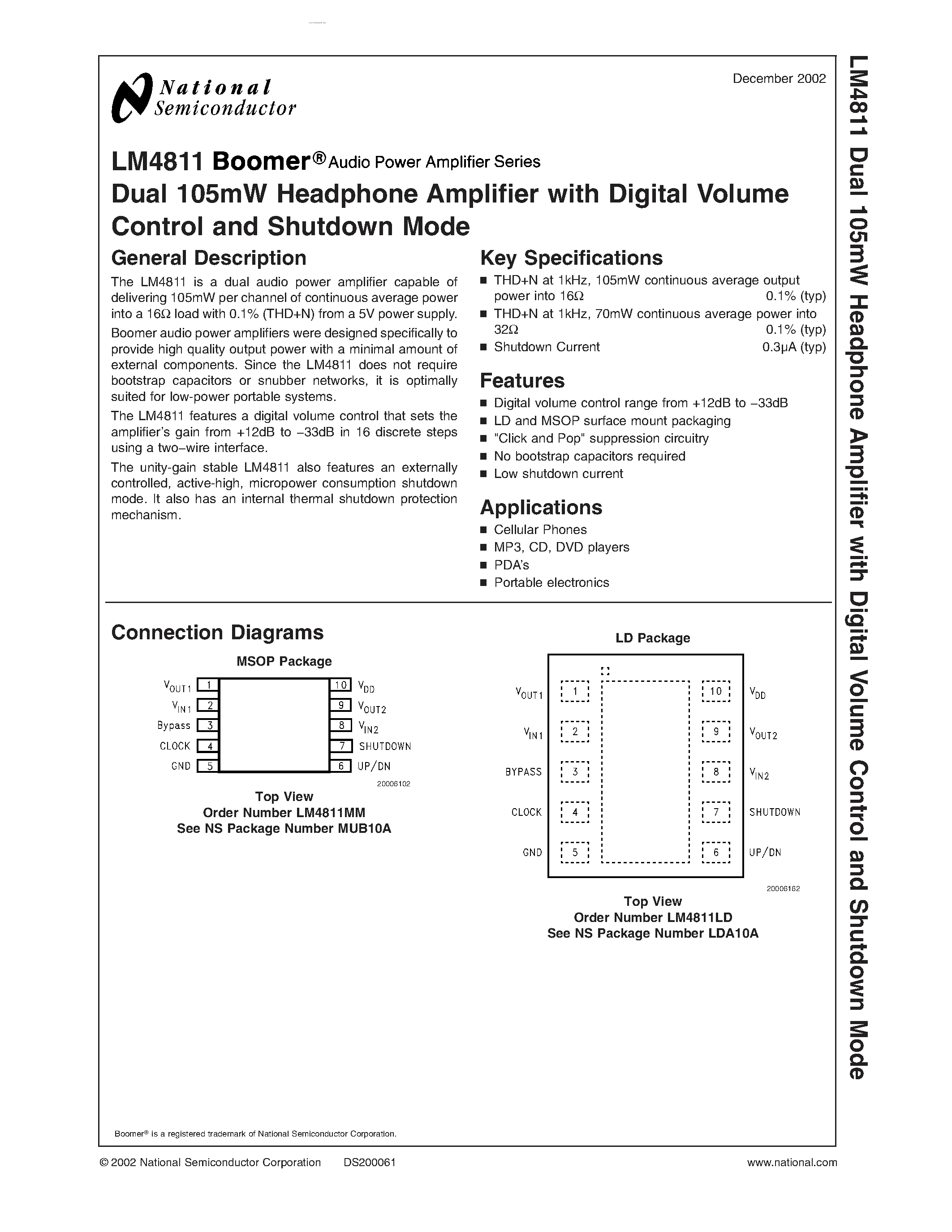 Datasheet LM4811 - Dual 105mW Headphone Amplifier page 1
