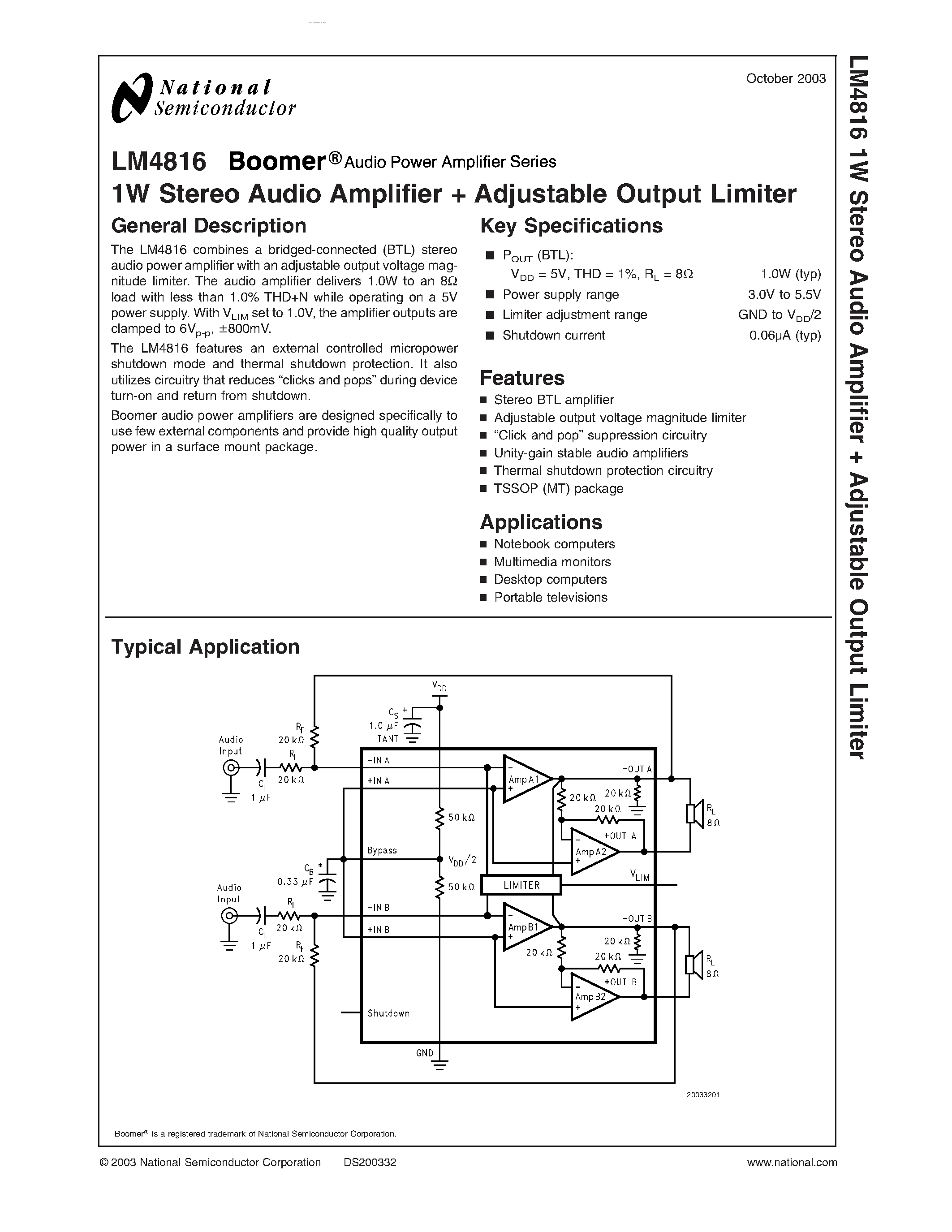 Datasheet LM4816 - 1W Stereo Audio Amplifier + Adjustable Output Limiter page 1