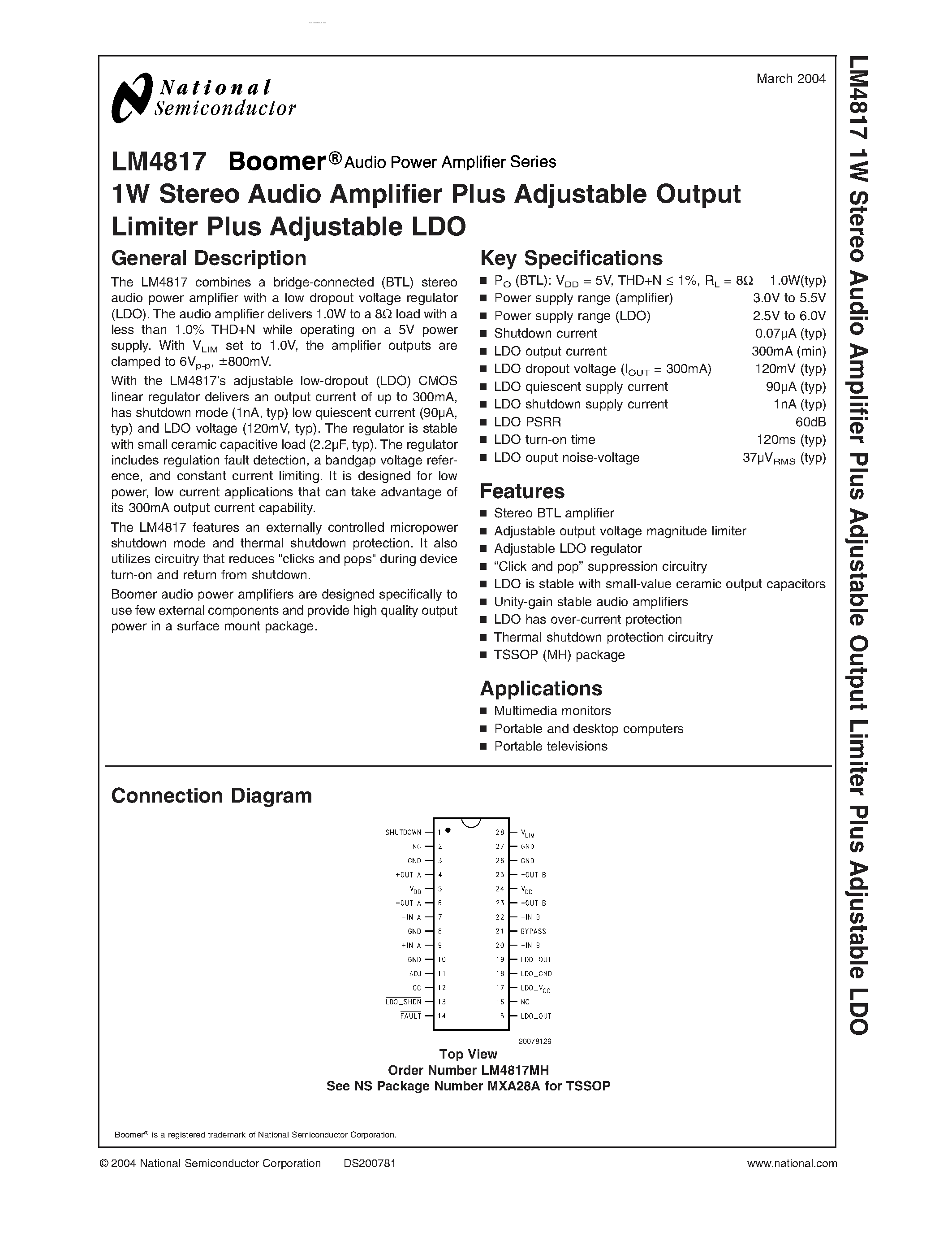 Datasheet LM4817 page 1 Datasheet LM4817 - 1W Stereo Audio Amplifier Plus Adjustable Output Limiter Plus Adjustable LDO page 1