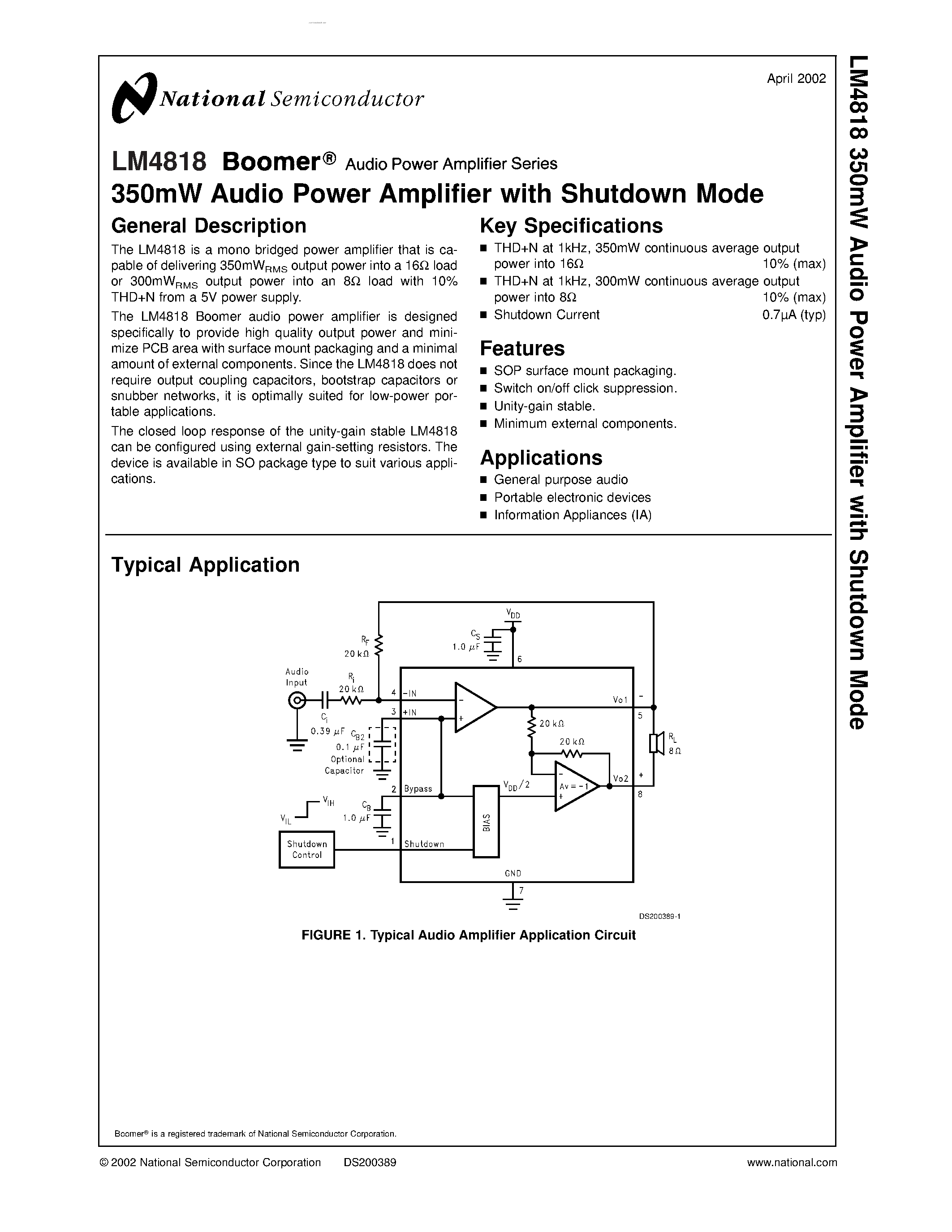 Datasheet LM4818 - 350mW Audio Power Amplifier page 1