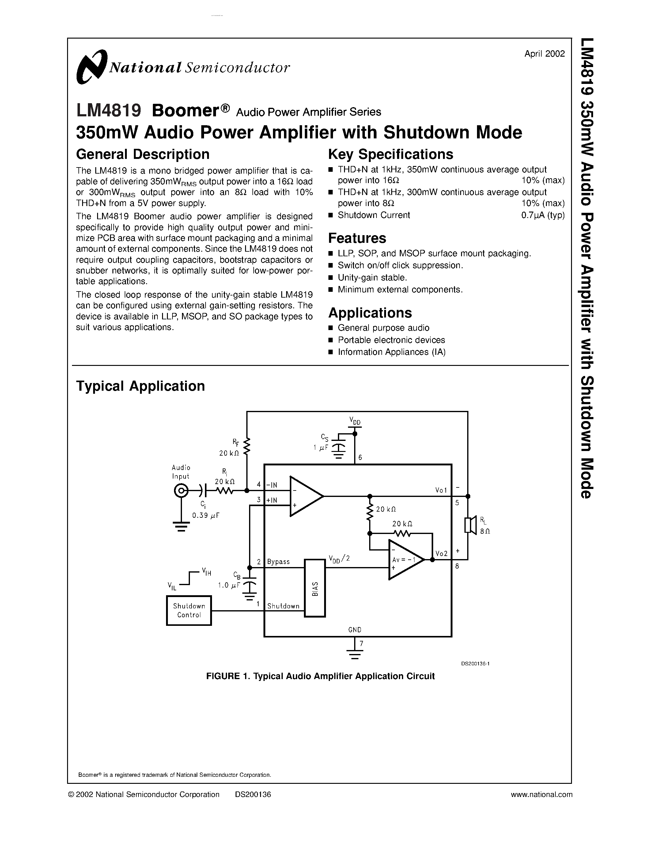 Datasheet LM4819 page 1 Datasheet LM4819 - 350mW Audio Power Amplifier page 1