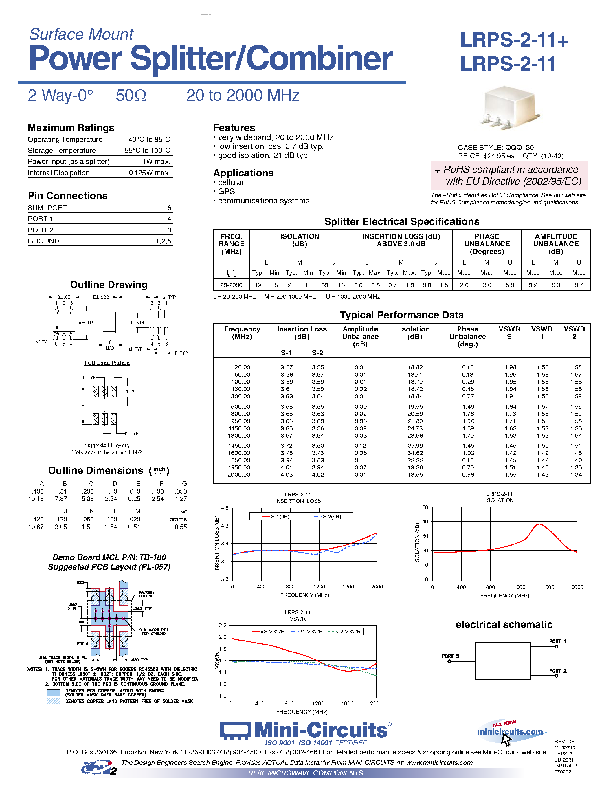 Datasheet LRPS-2-11 - Power Splitter/Combiner page 1