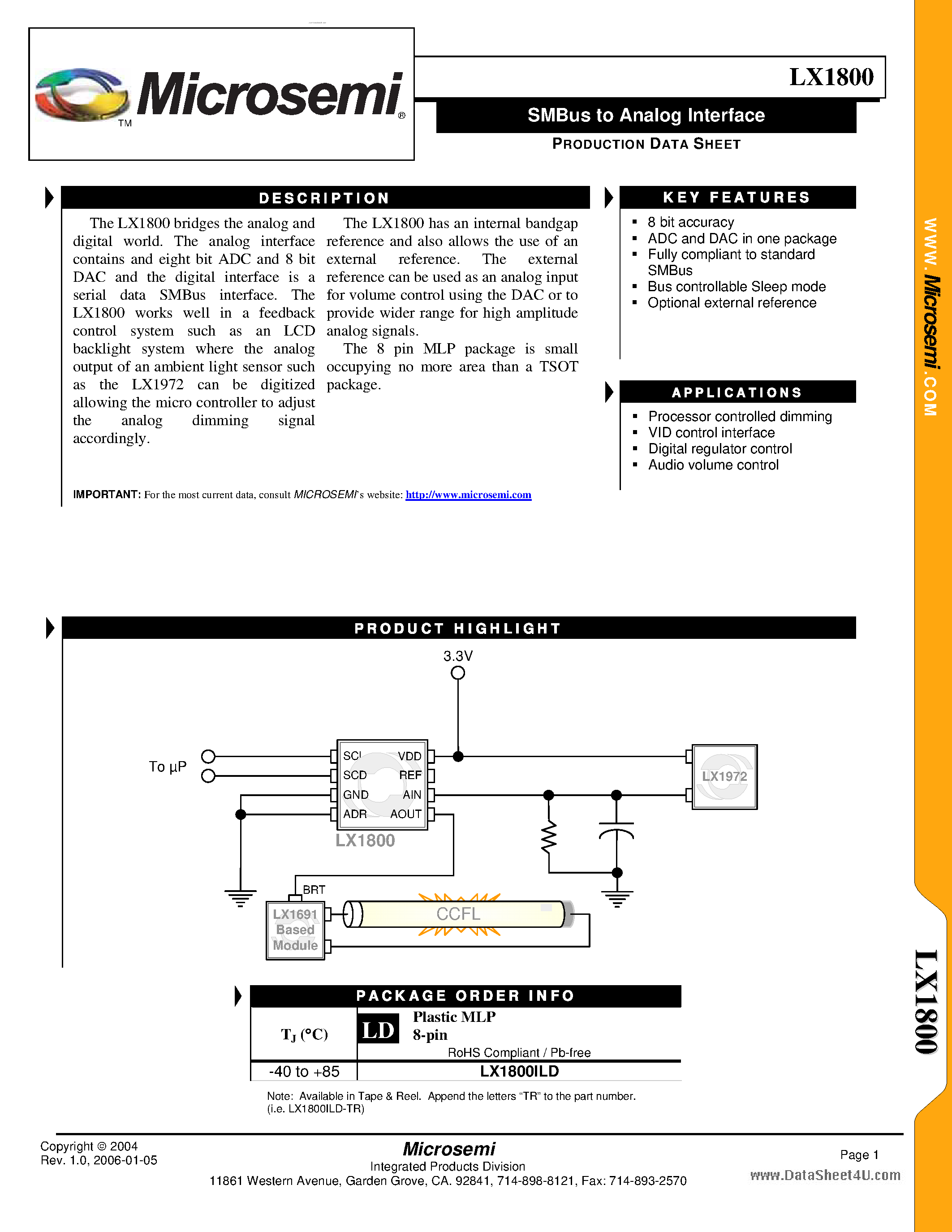 Даташит LX1800 - SMBus to Analog Interface страница 1