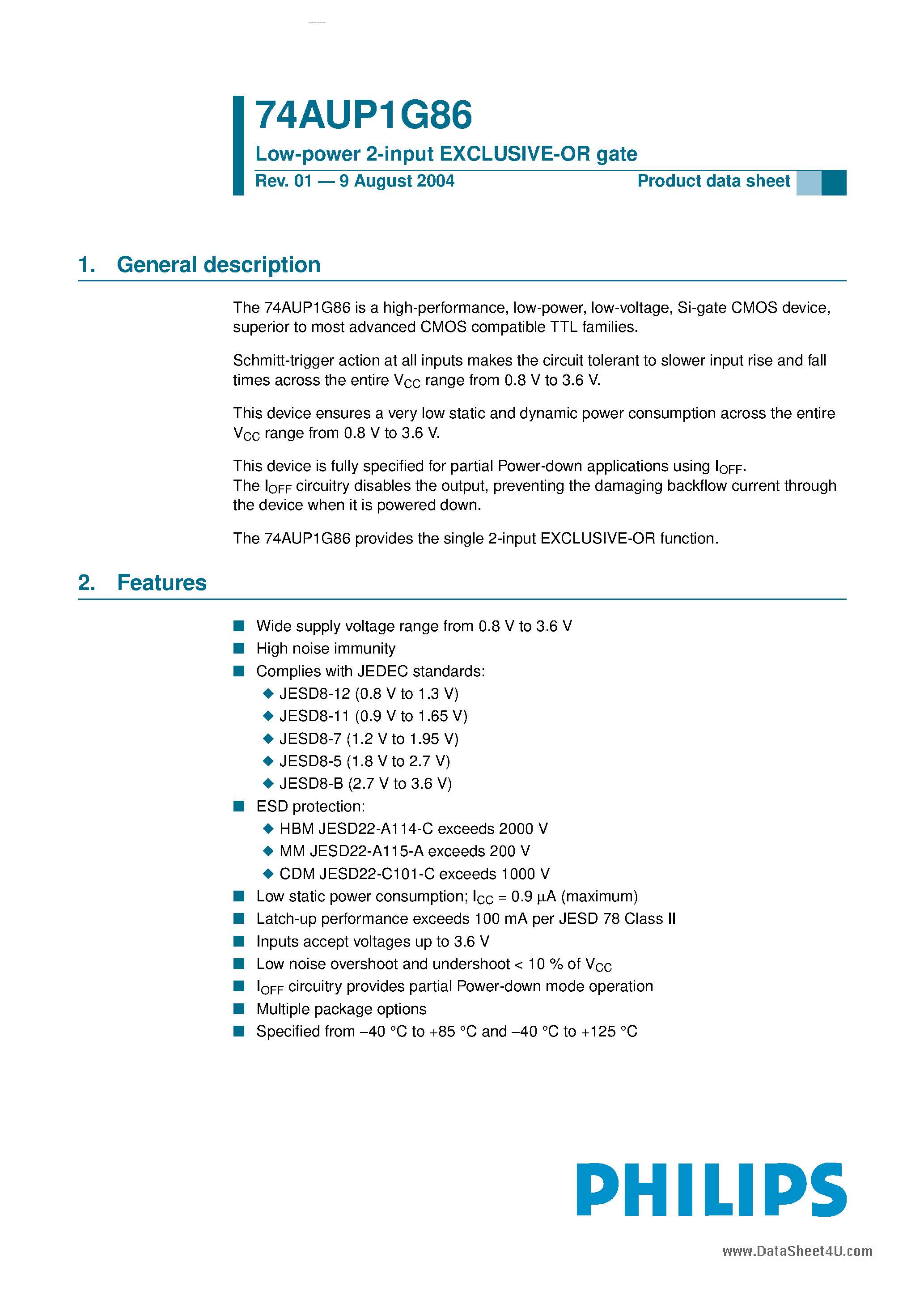 Datasheet 74AUP1G86 - Low Power 2-Input EXCLUSIVE-OR Gate page 1