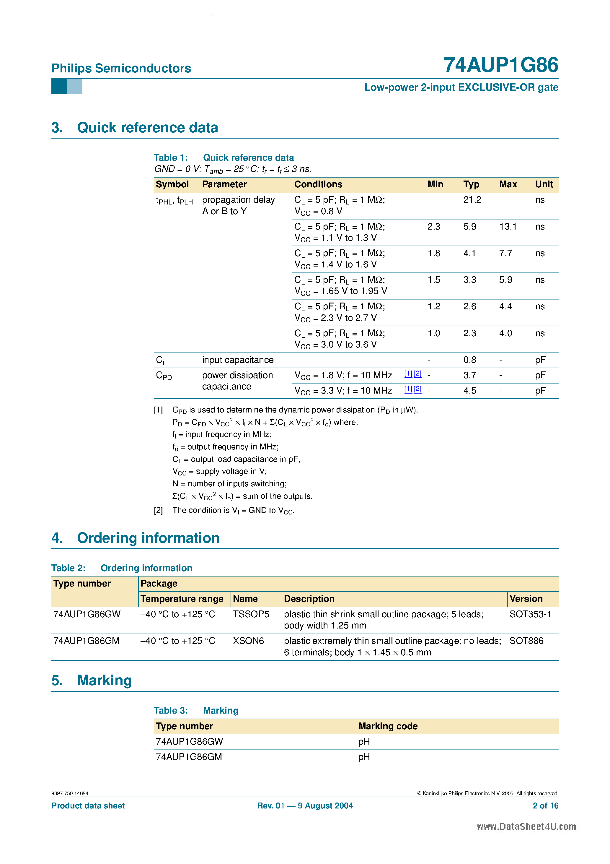 Datasheet 74AUP1G86 - Low Power 2-Input EXCLUSIVE-OR Gate page 2