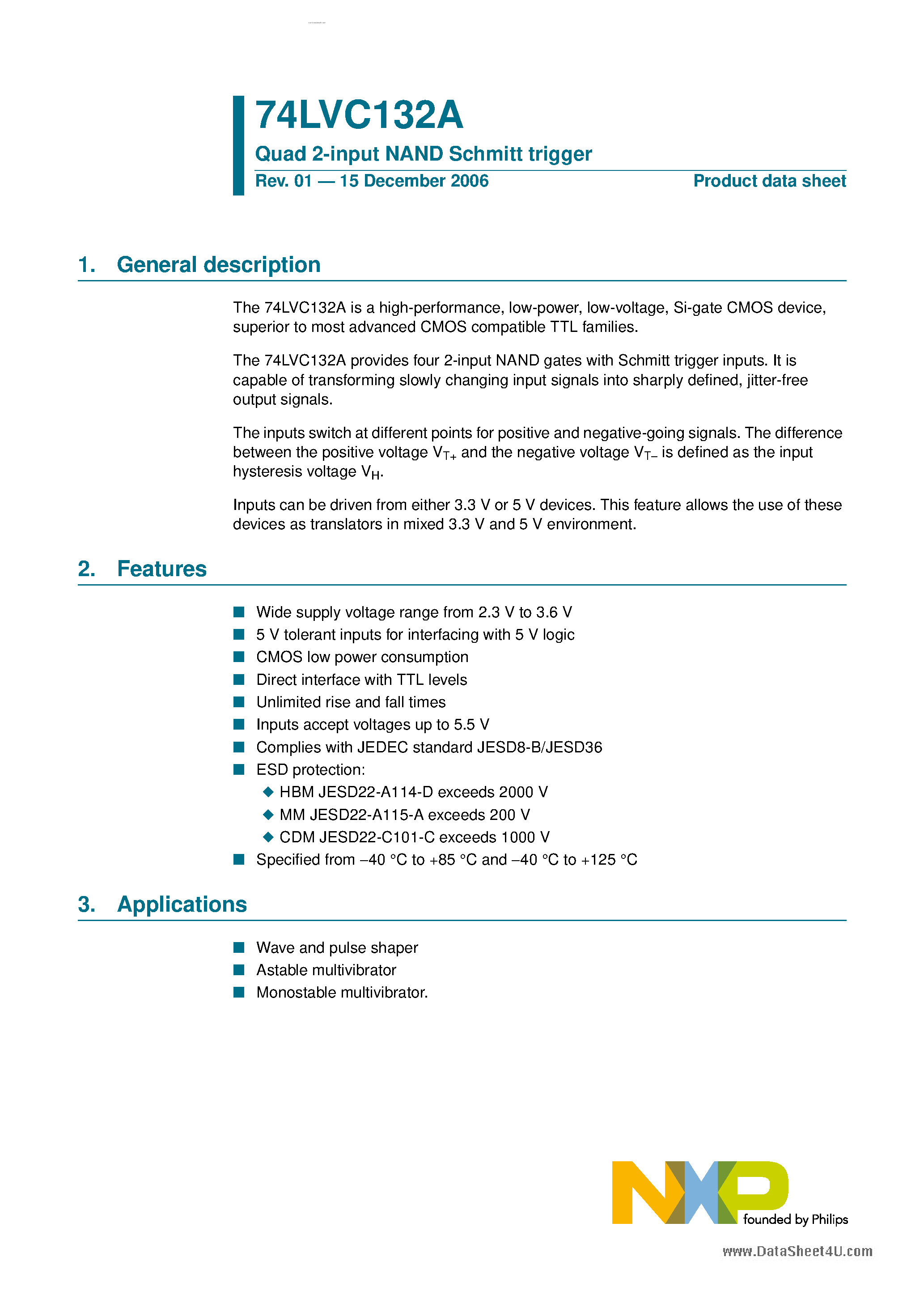 Даташит 74LVC132A - Quad 2-Input NAND Schmitt Trigger страница 1