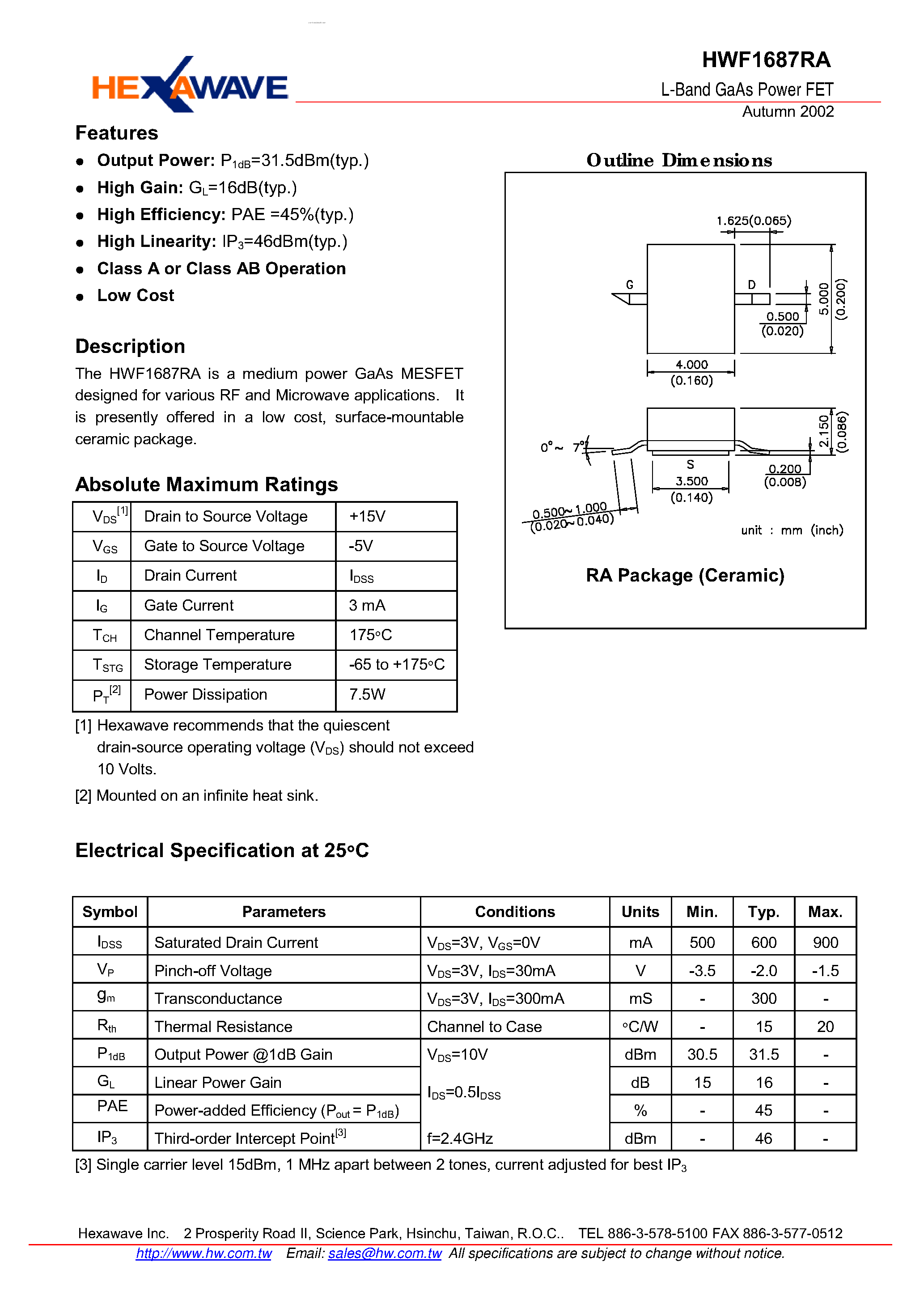 Datasheet HWF1687RA page 1 Datasheet HWF1687RA - L-Band GaAs Power FET page 1