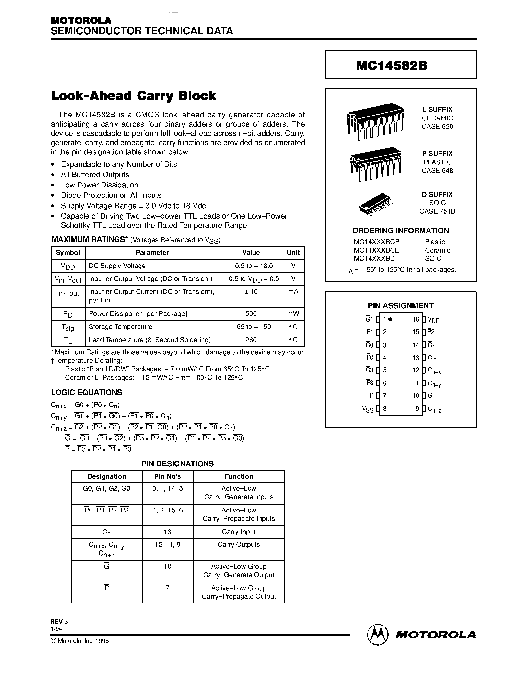 Datasheet MC145828B page 1 Datasheet MC145828B - LOOK-AHEAD CARRY BLOCK page 1