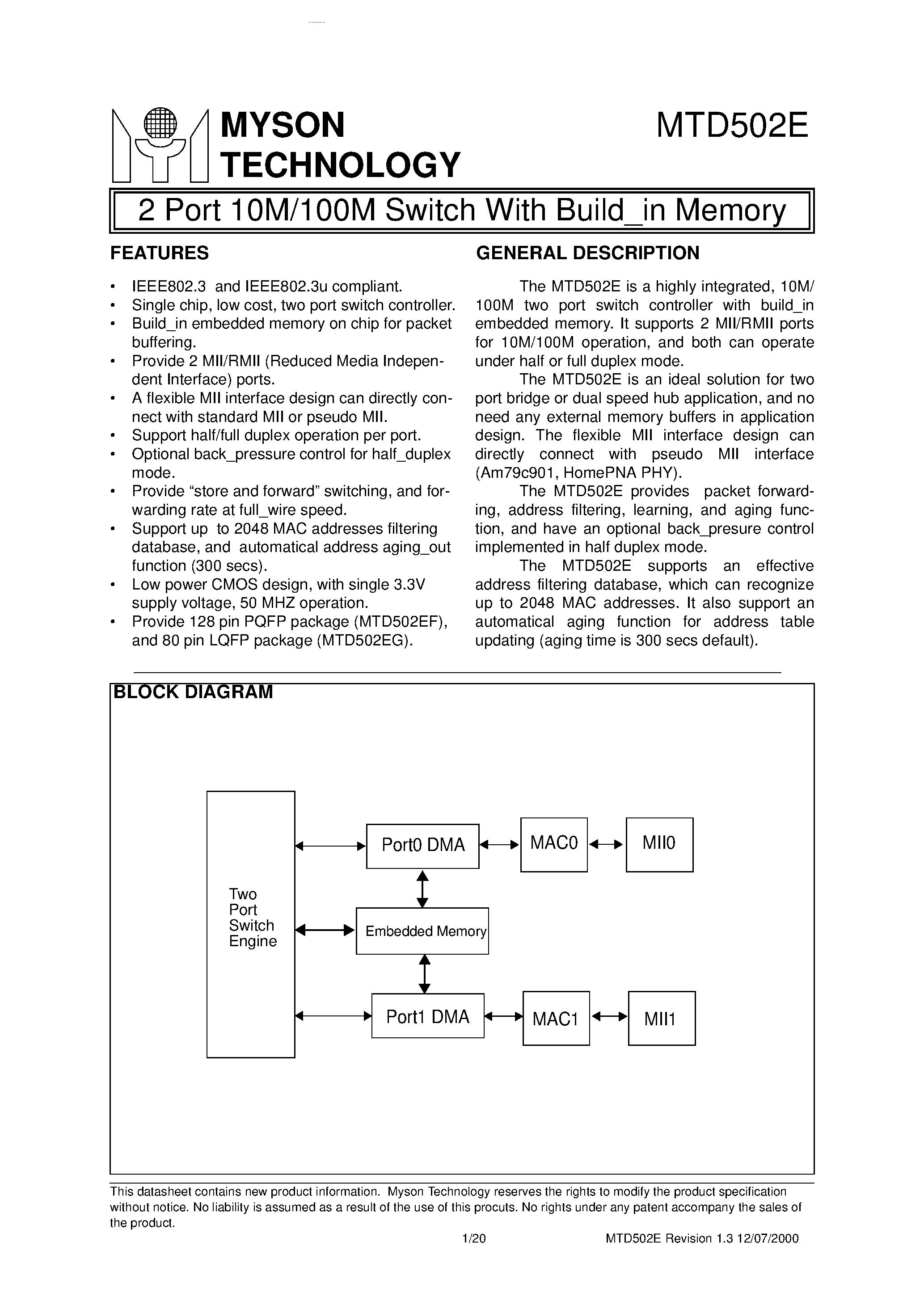 Datasheet MTD502E - 2 Port 10M/100M Switch page 1