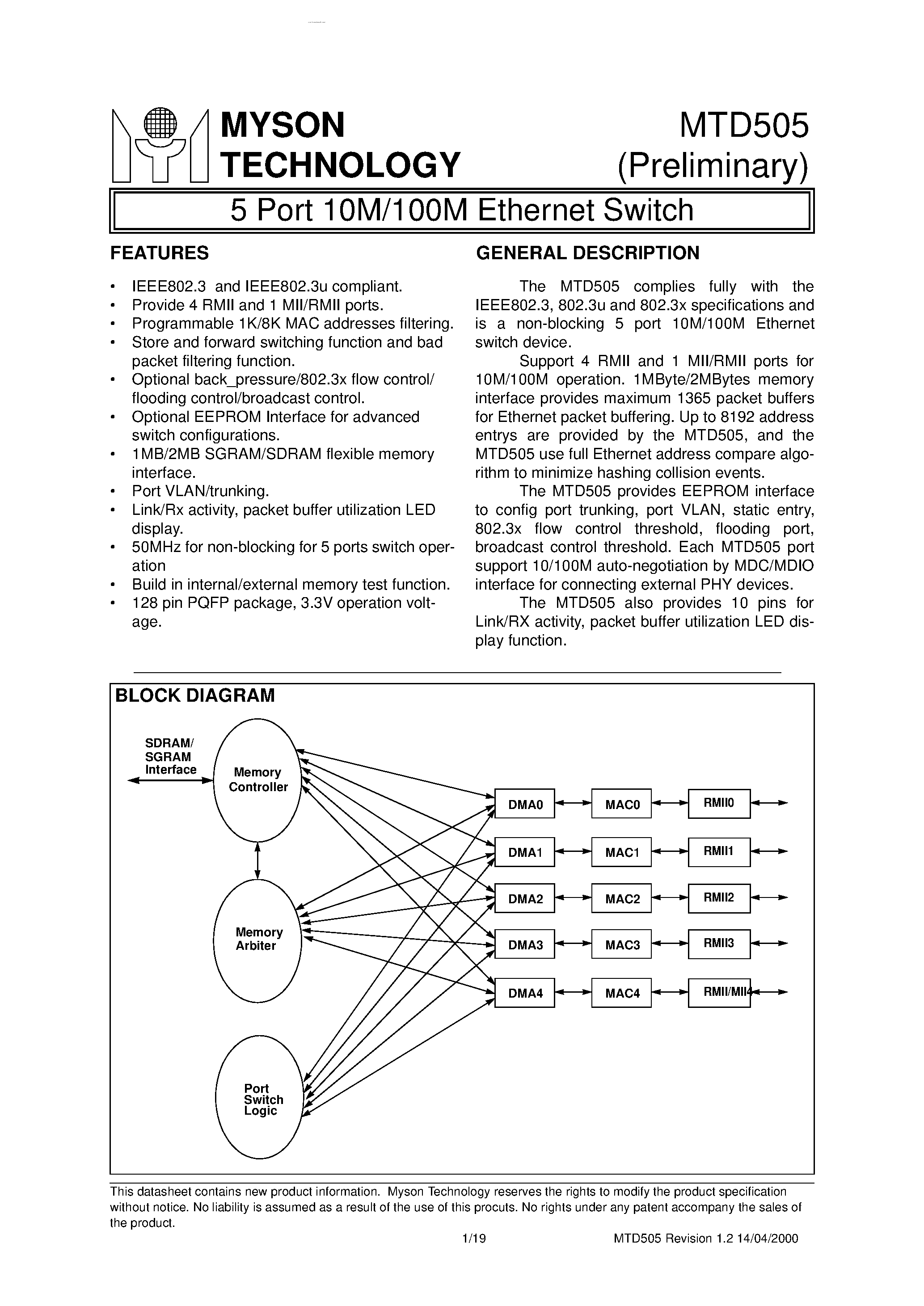 Datasheet MTD505 - 5 Port 10M/100M Ethernet Switch page 1