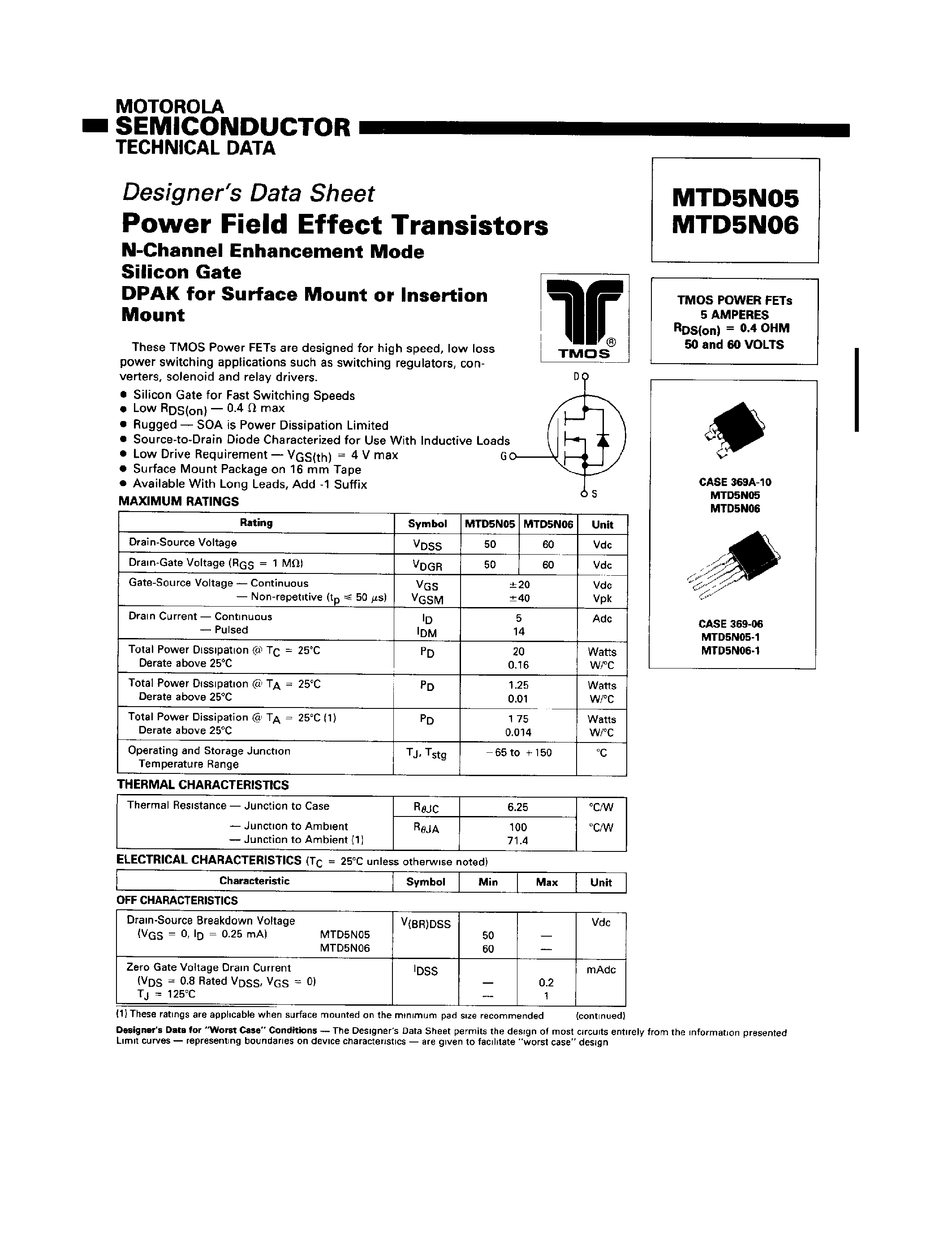 Datasheet MTD5N05 - (MTD5N05 / MTD5N06) Power Field Effect Transistors page 1