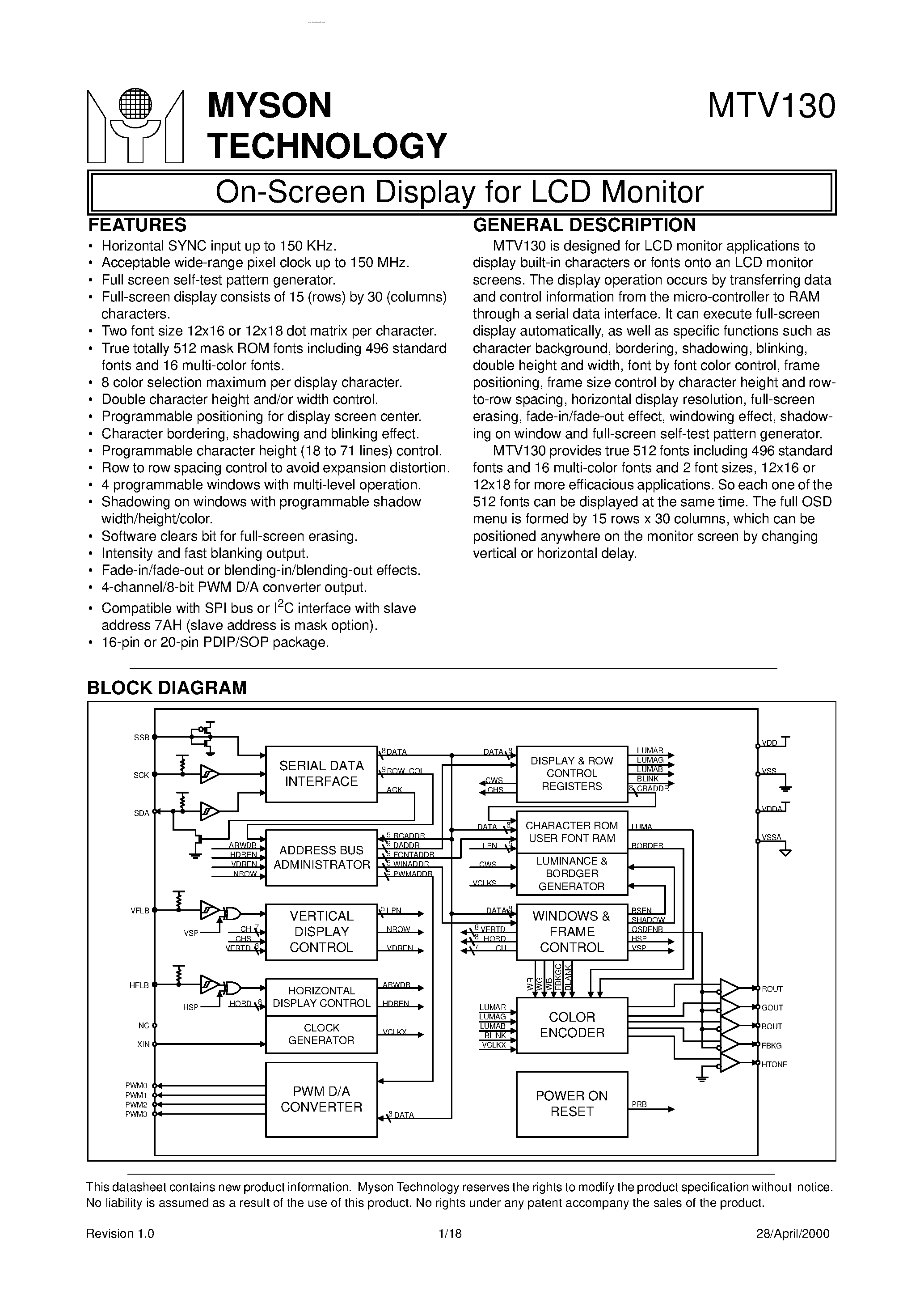 Datasheet MTV130 - On-Screen Display page 1