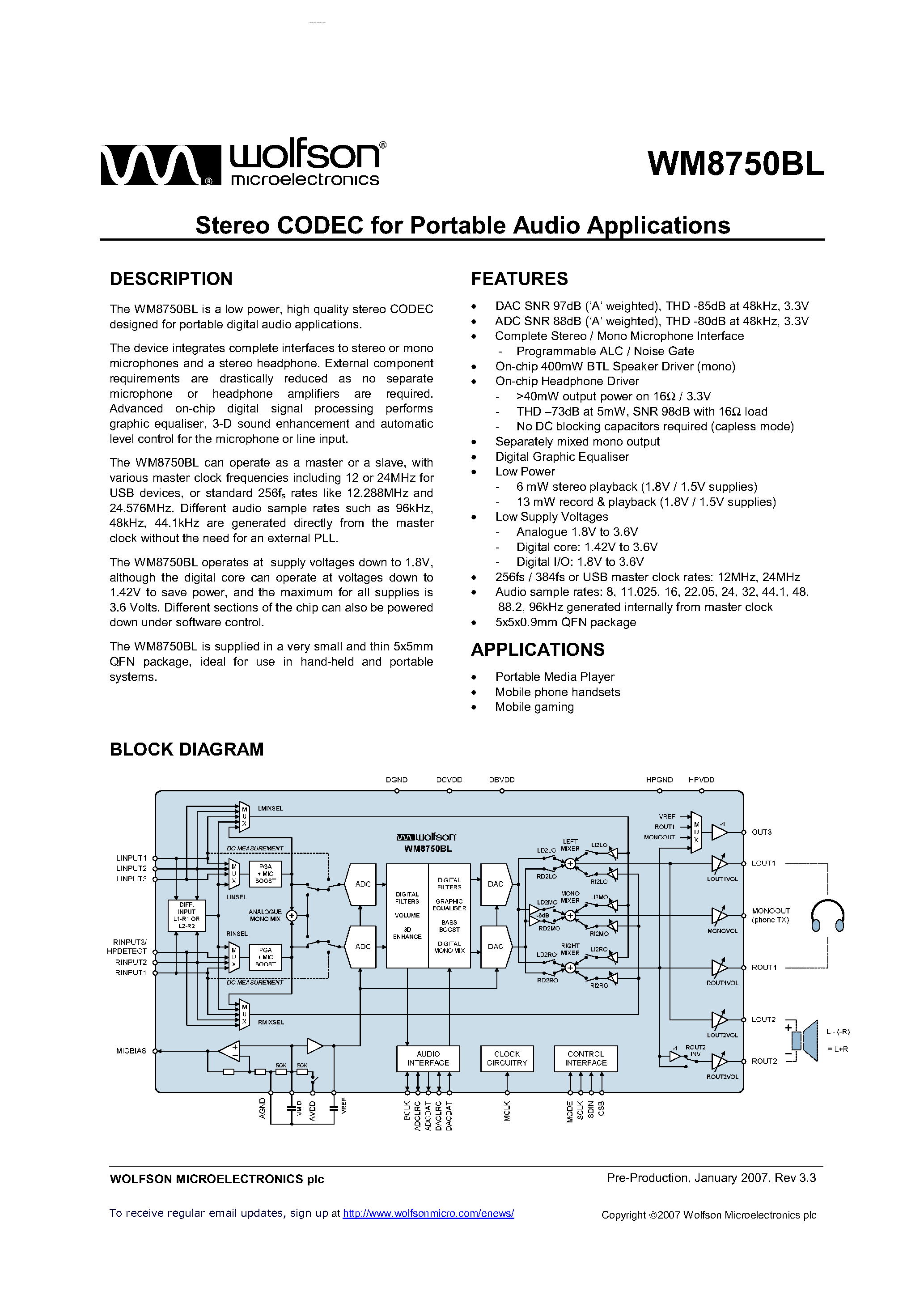 Datasheet WM8750BL page 1 Datasheet WM8750BL - Stereo CODEC page 1