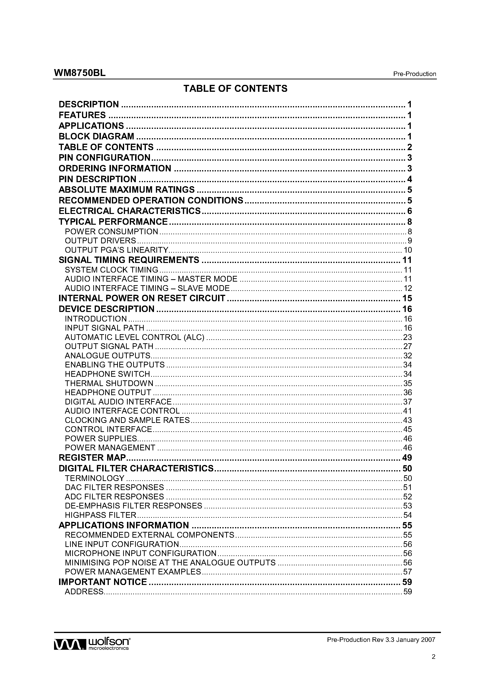 Datasheet WM8750BL page 2 Datasheet WM8750BL - Stereo CODEC page 2