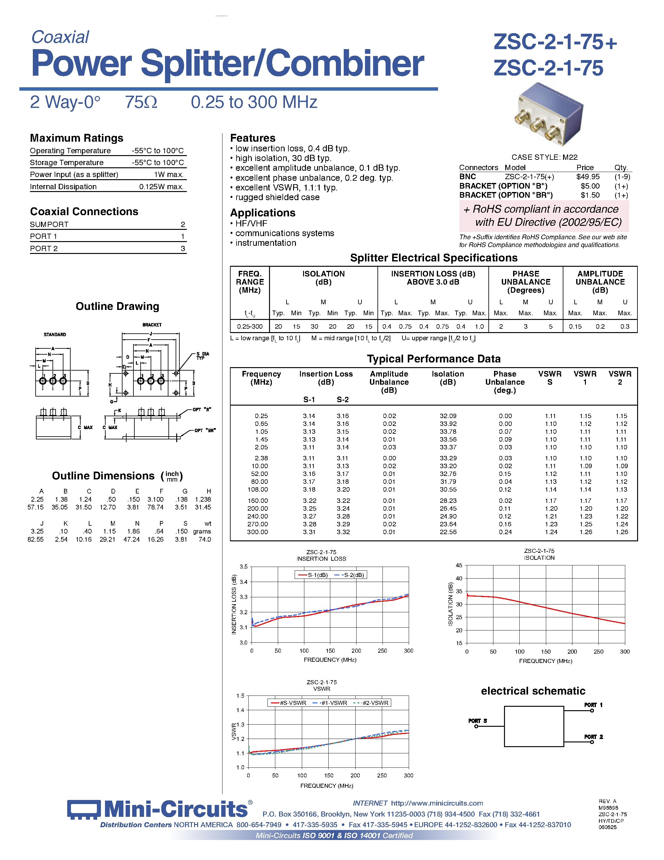 Datasheet ZSC-2-1-75 - Power Splitter/Combiner page 1