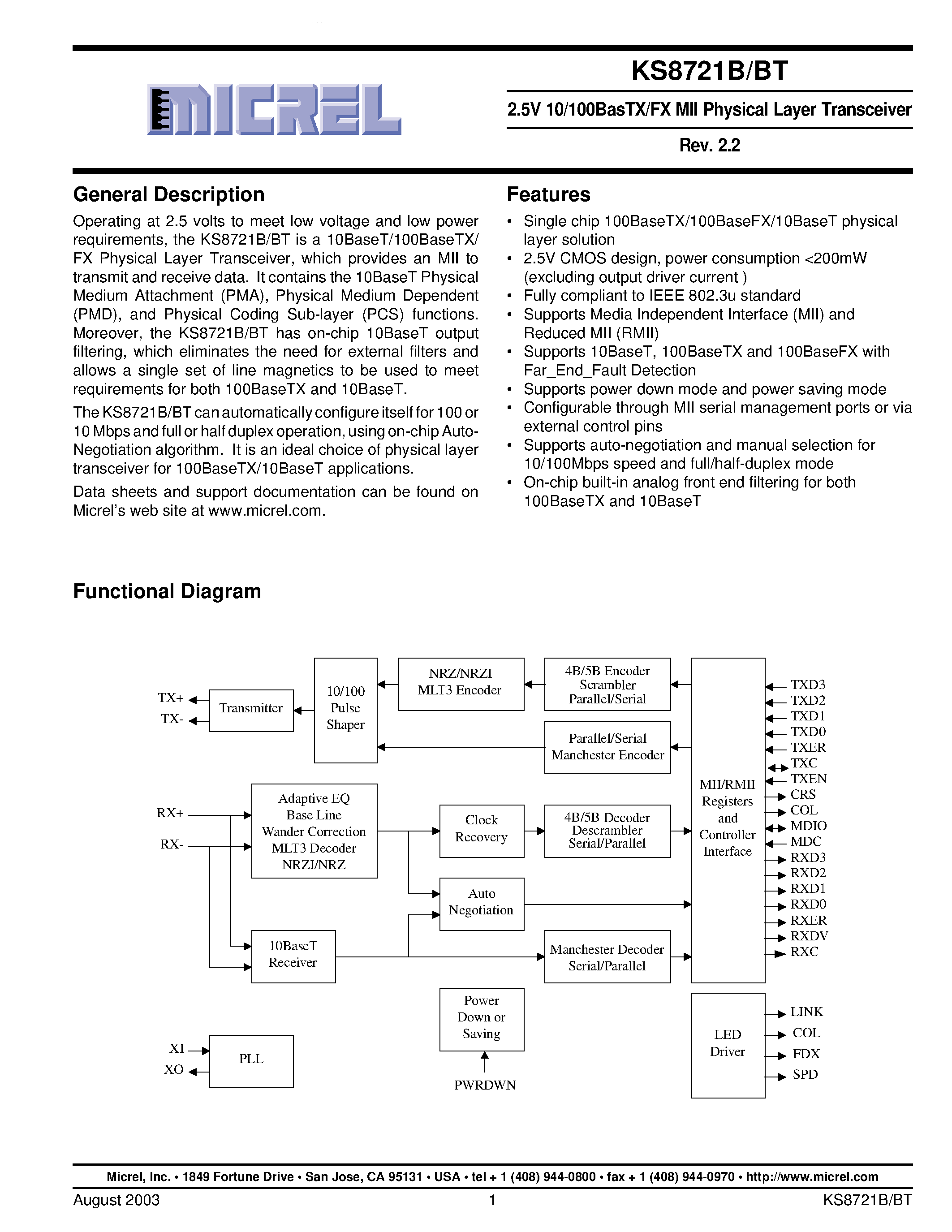 Datasheet KSZ8721B page 1 Datasheet KSZ8721B - 2.5V 10/100BasTX/FX MII Physical Layer Transceiver page 1