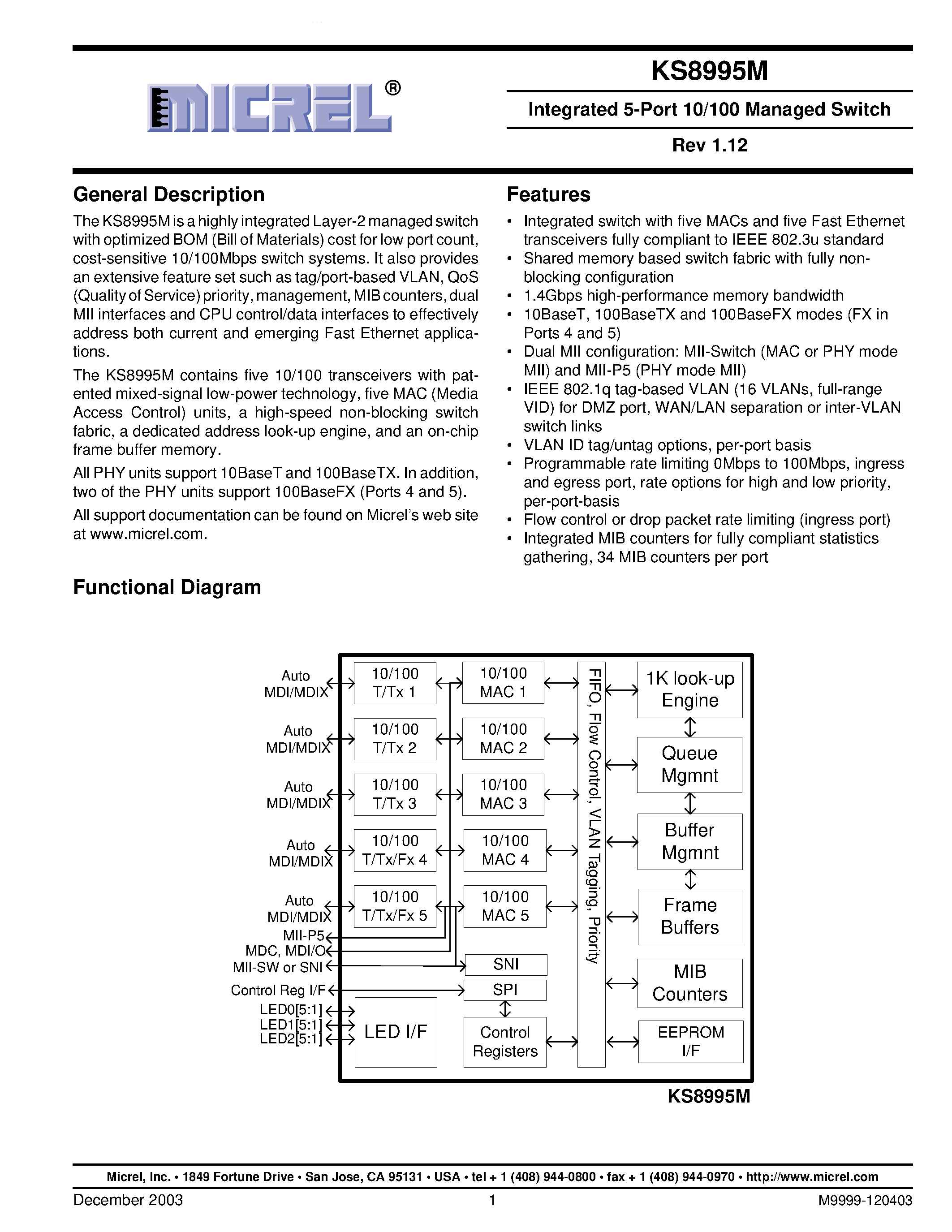 Datasheet KSZ8995M - Integrated 5-Port 10/100 Managed Switch page 1