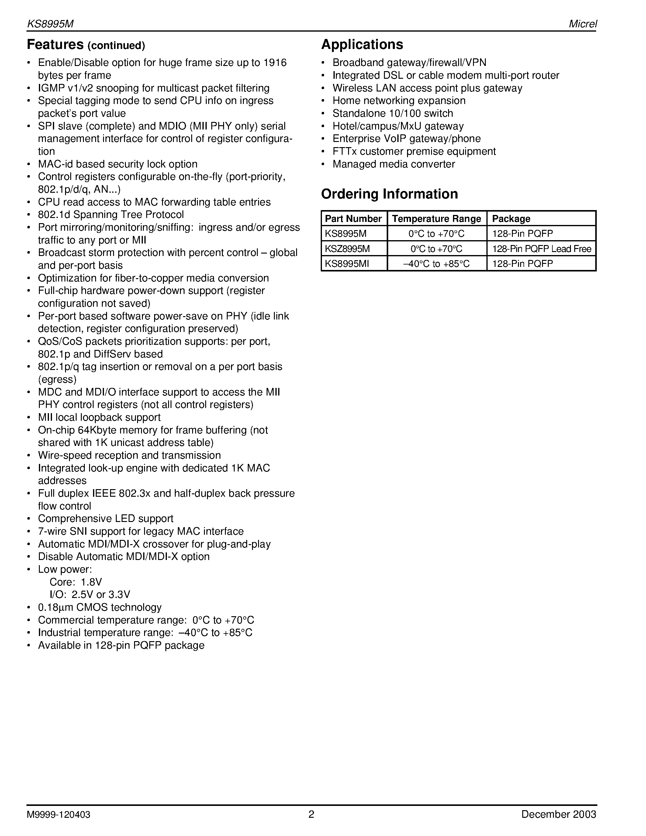 Datasheet KSZ8995M - Integrated 5-Port 10/100 Managed Switch page 2