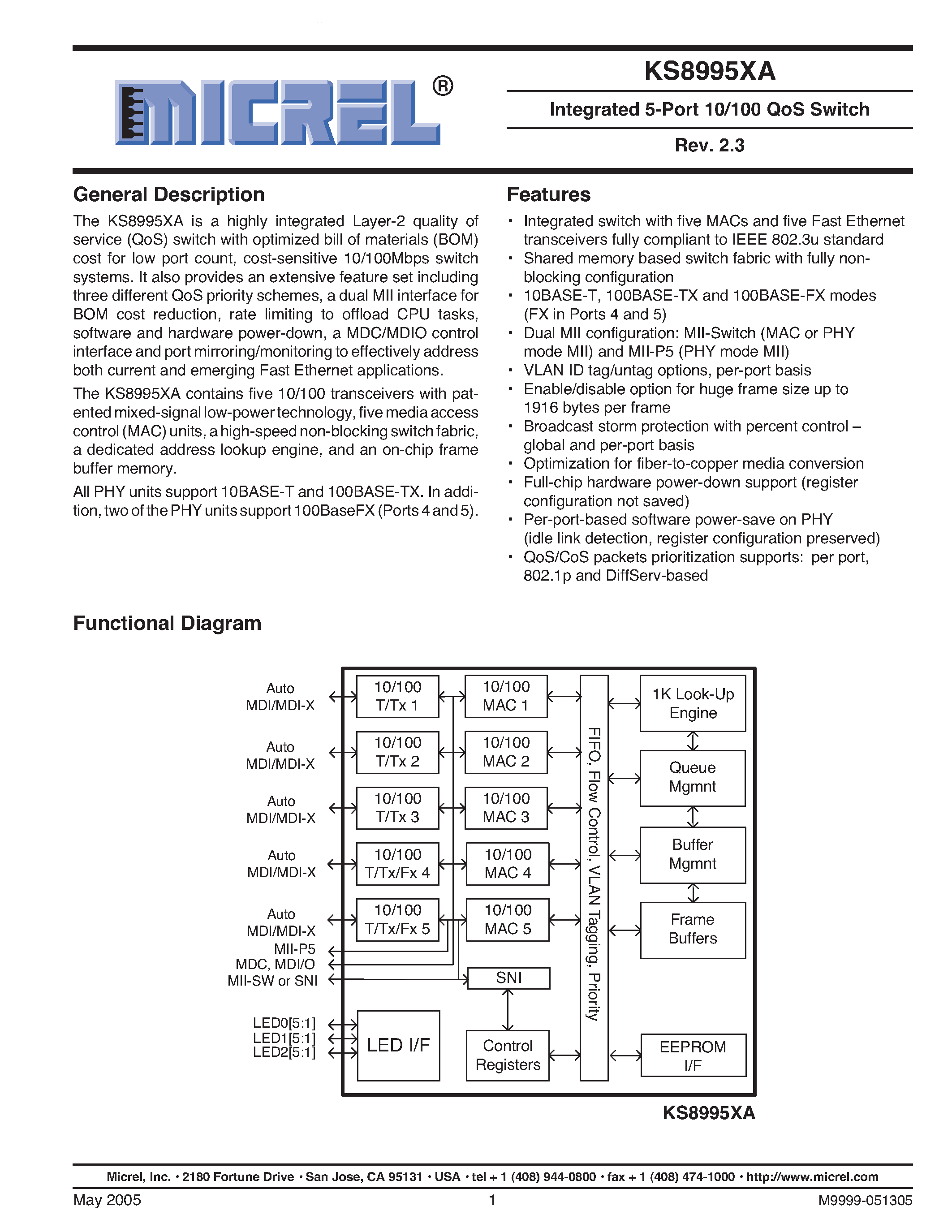 Datasheet KSZ8995XA - Integrated 5-Port 10/100 QoS Switch page 1