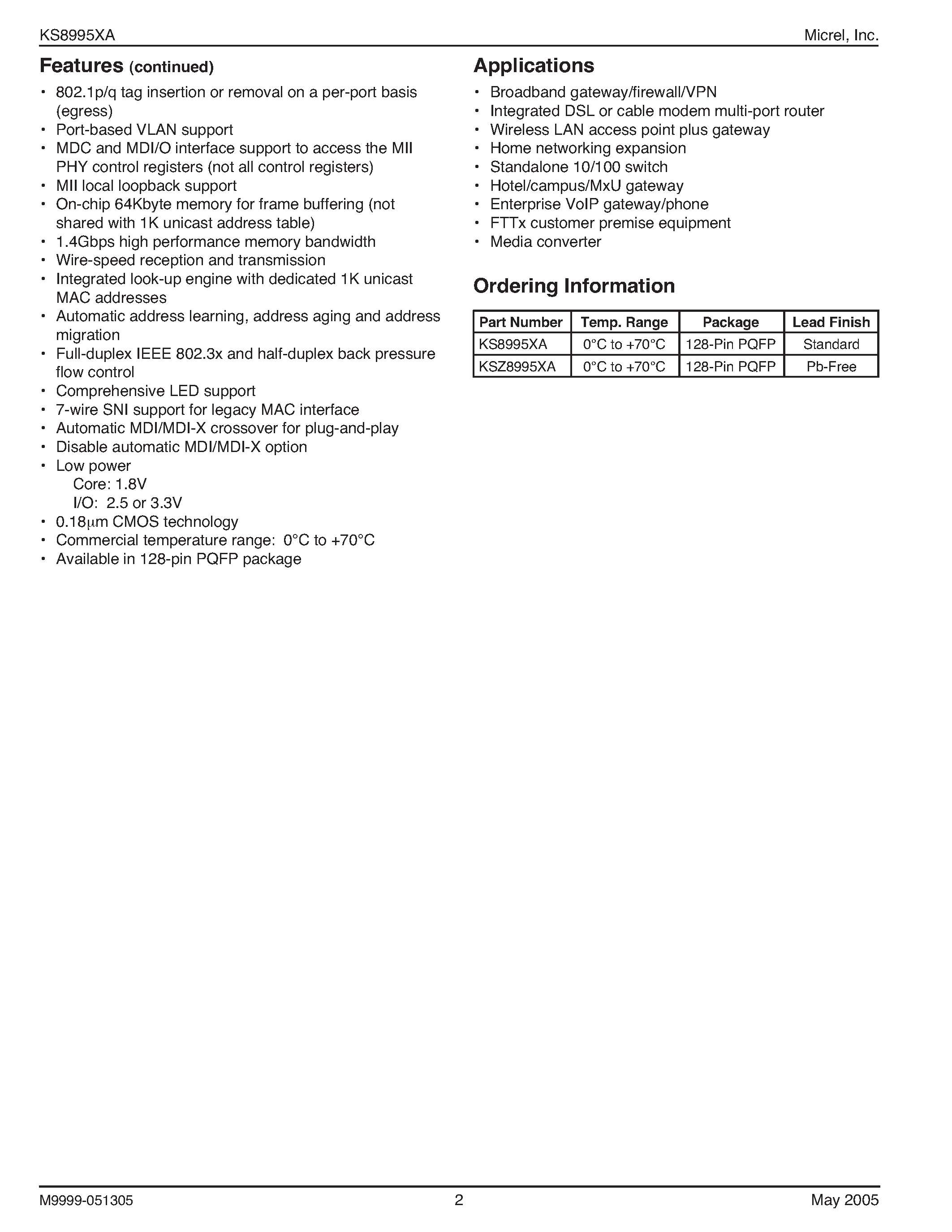 Datasheet KSZ8995XA - Integrated 5-Port 10/100 QoS Switch page 2