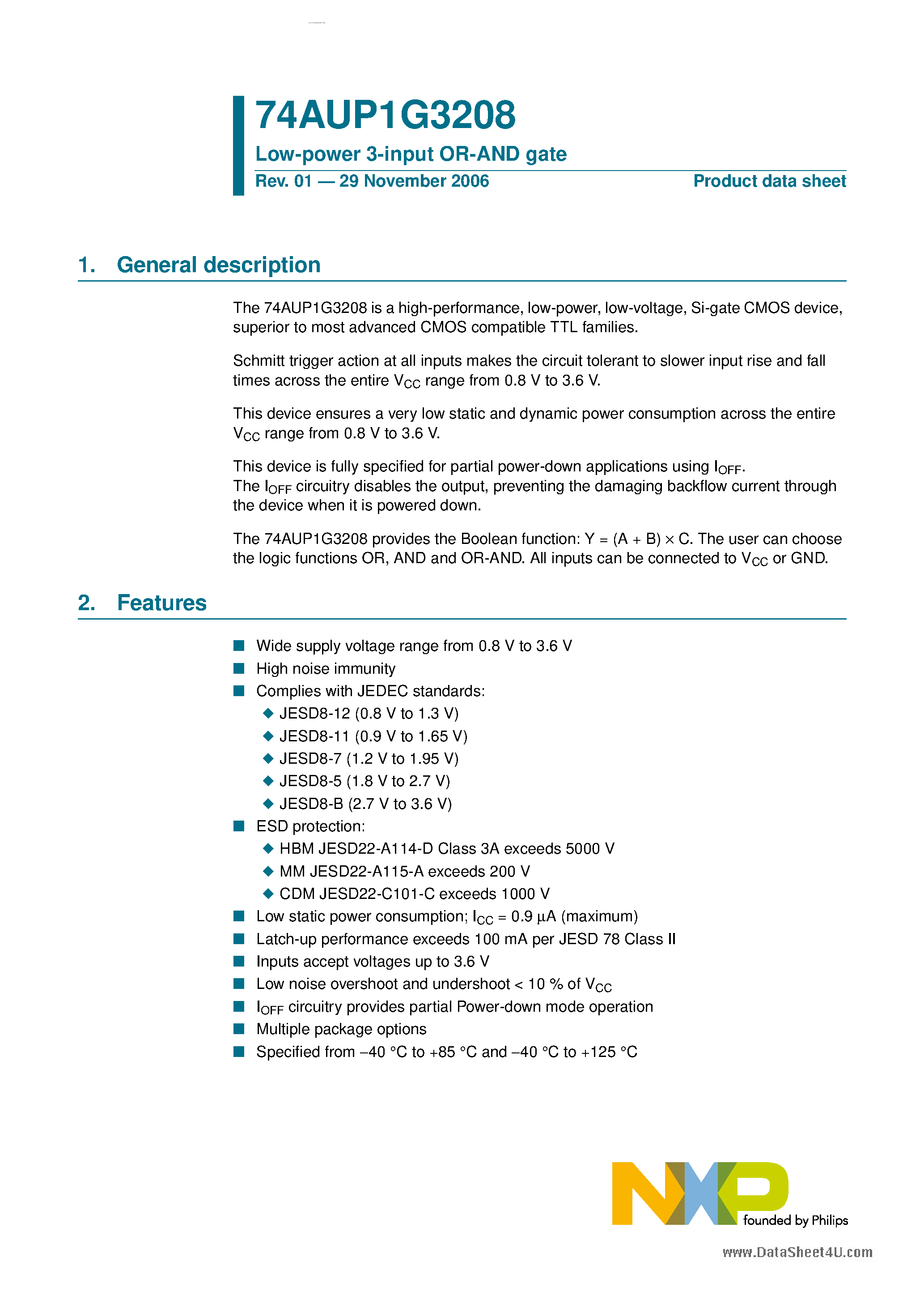 Datasheet 74AUP1G3208 - Low Power 3-Input OR-AND Gate page 1