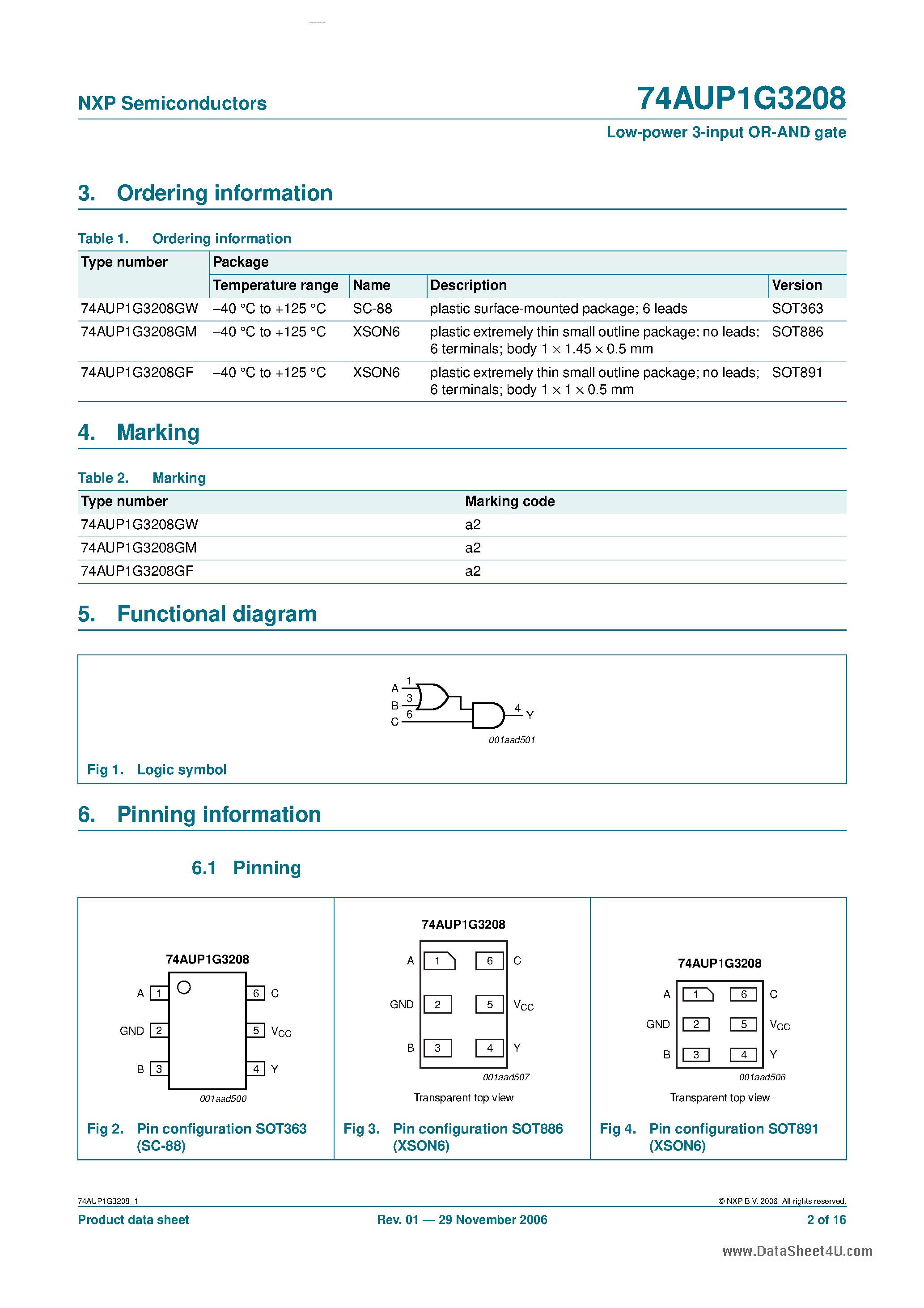 Datasheet 74AUP1G3208 - Low Power 3-Input OR-AND Gate page 2