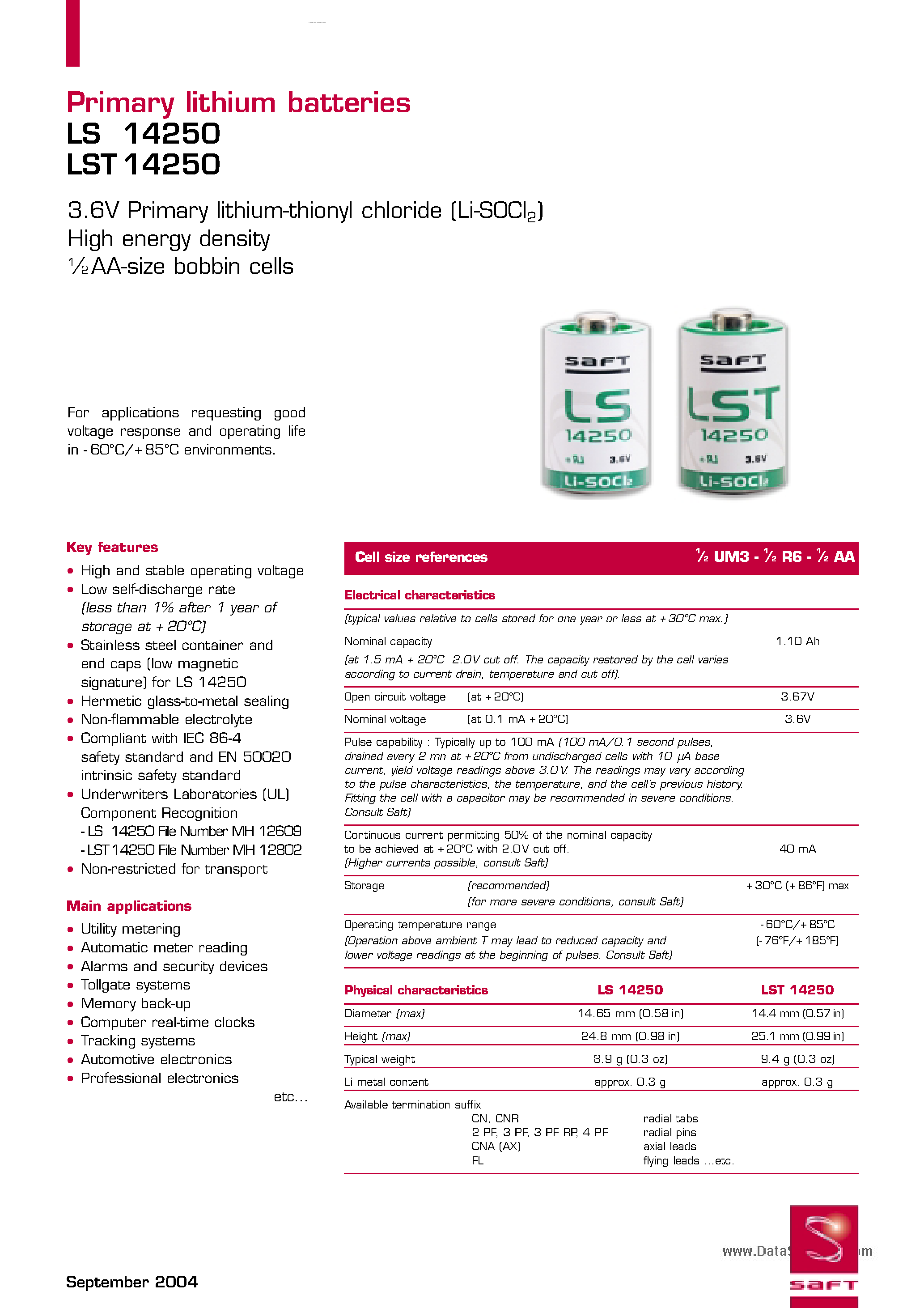 Datasheet LST14250 - Battery page 1