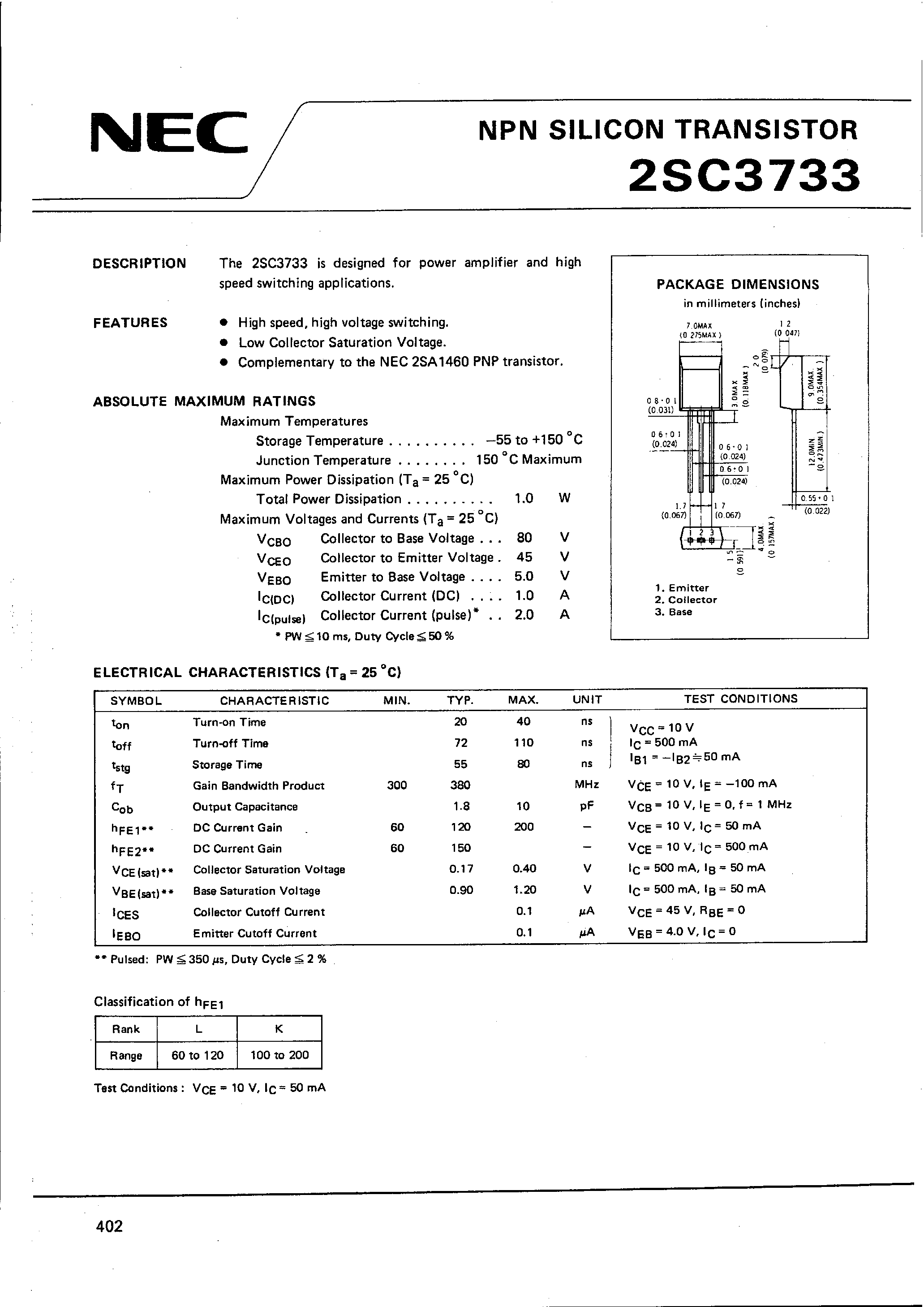 Datasheet 2SC3733 page 1 Datasheet 2SC3733 - NPN SILICON TRANSISTOR page 1