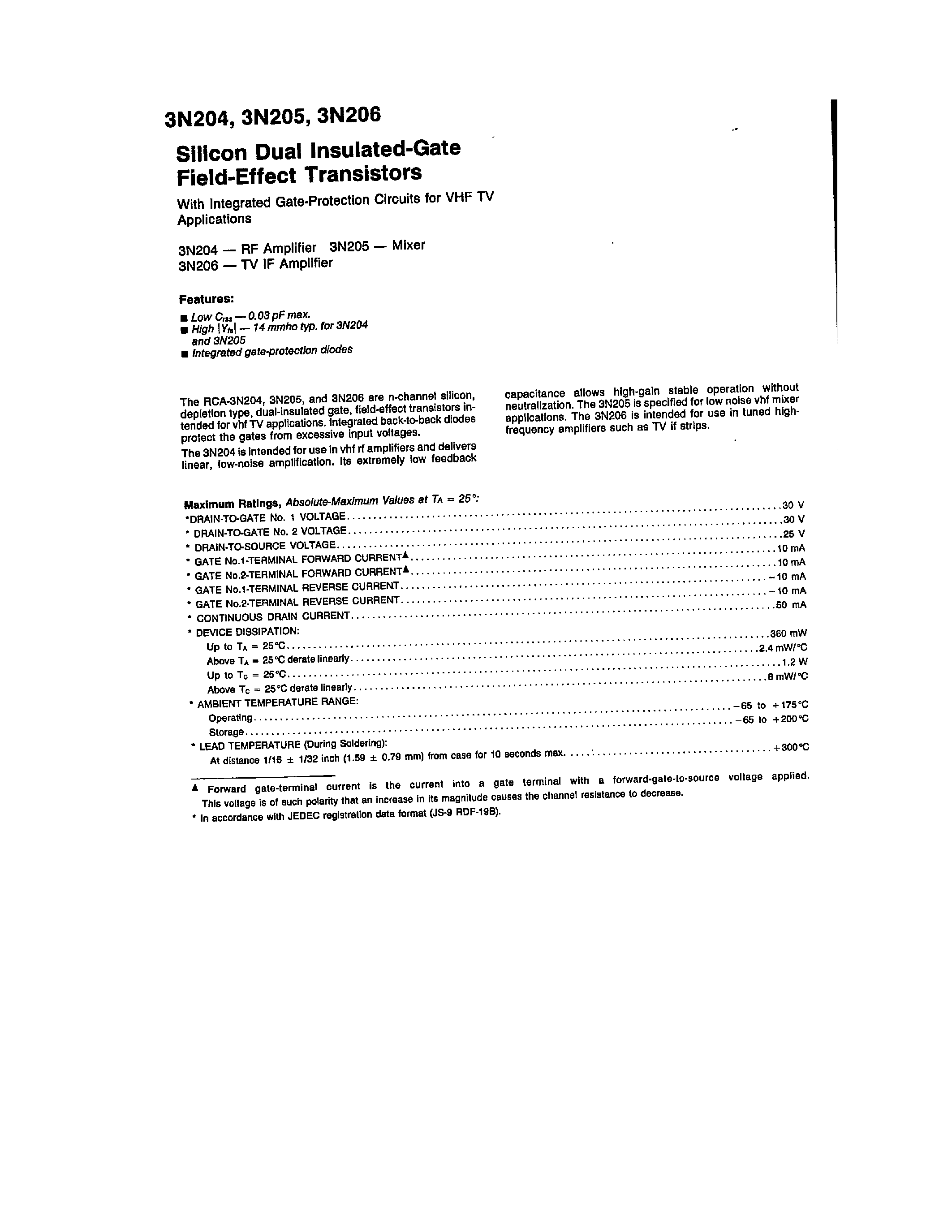 Даташит 3N204 - (3N204 - 3N206) Silicon Dual Insulated-Gate Field-Effect Transistors страница 1