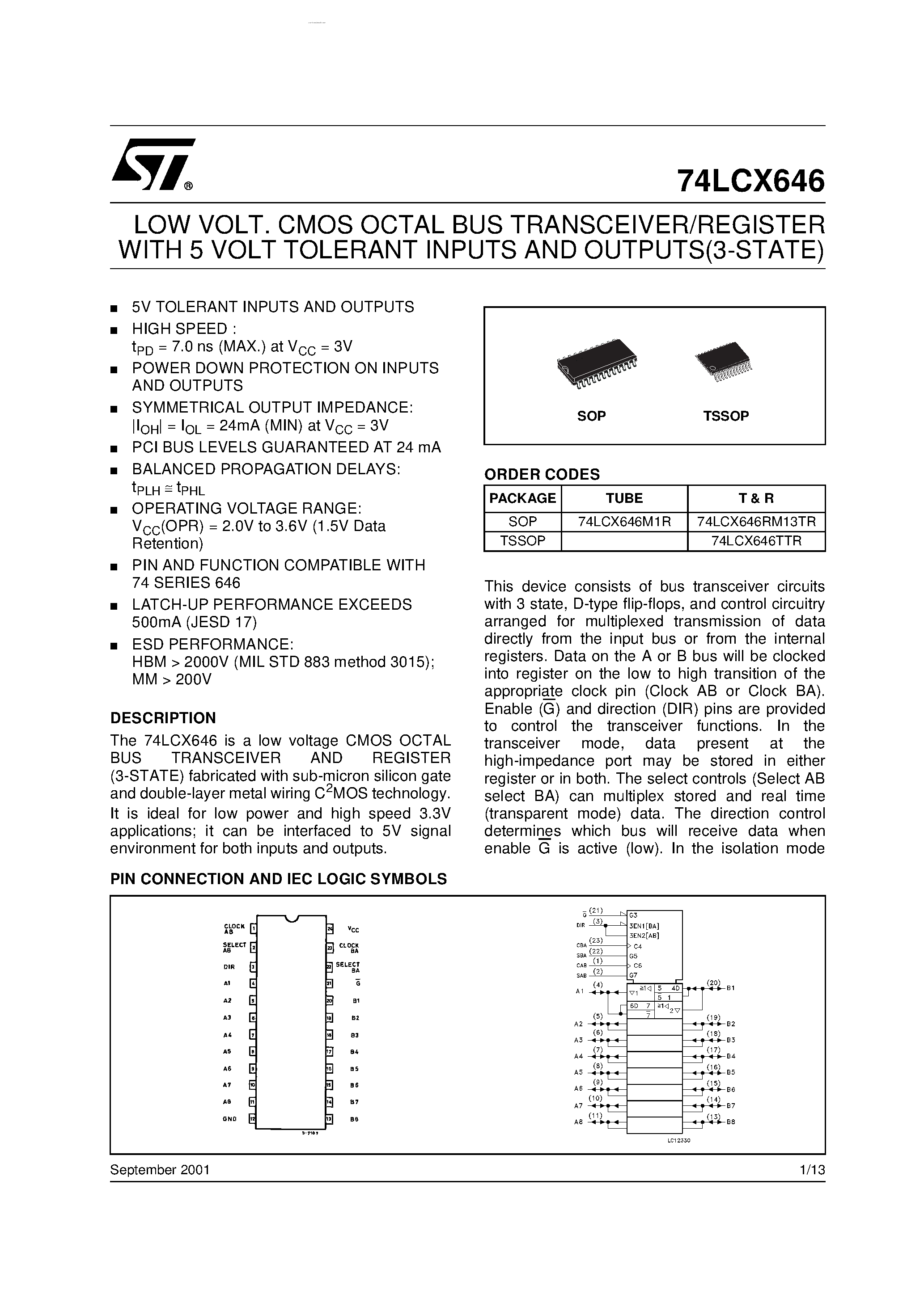 Даташит на микросхему 74LCX646 страница 1 Даташит 74LCX646 - CMOS OCTAL BUS TRANSCEIVER/REGISTER страница 1
