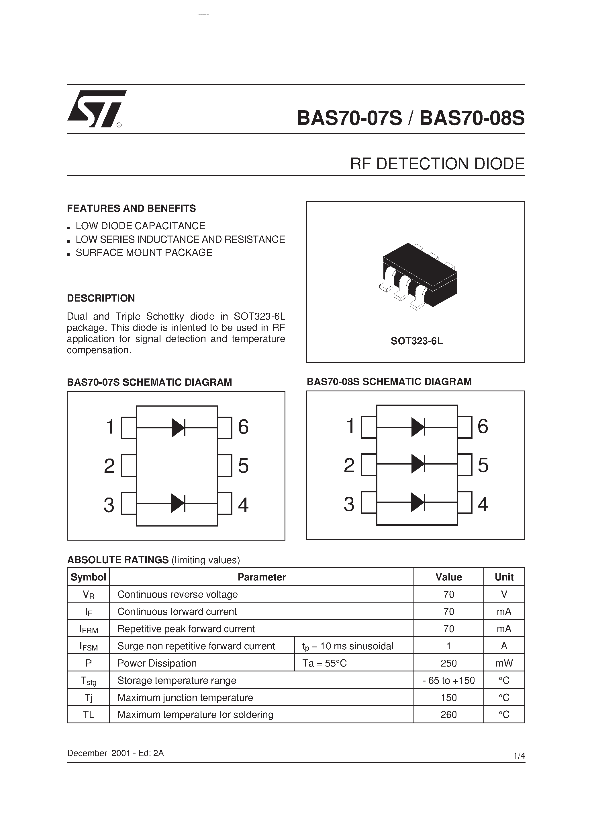 Datasheet BAS70-07S page 1 Datasheet BAS70-07S - (BAS70-07S / BAS70-08S) RF DETECTION DIODE page 1
