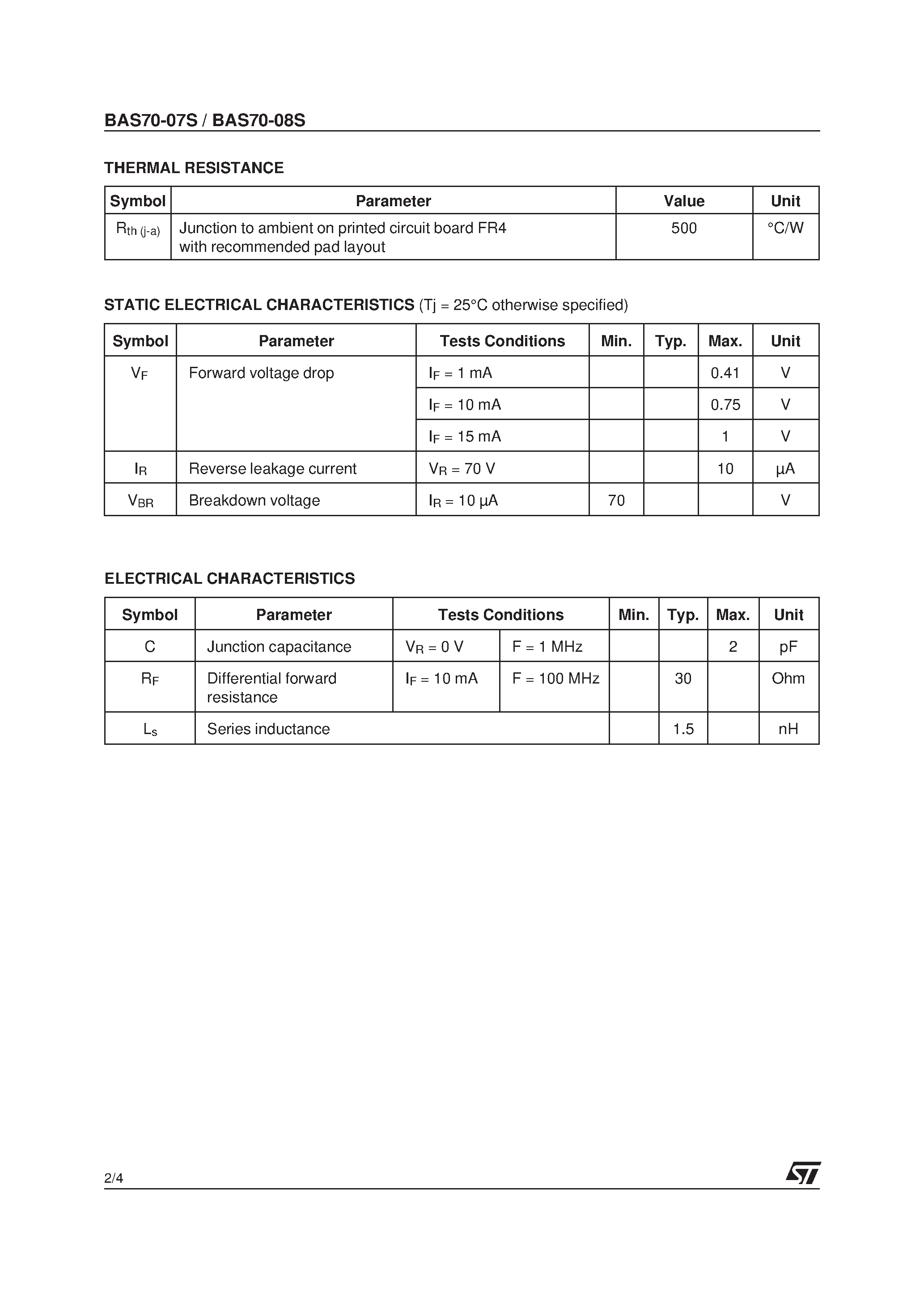 Datasheet BAS70-07S page 2 Datasheet BAS70-07S - (BAS70-07S / BAS70-08S) RF DETECTION DIODE page 2