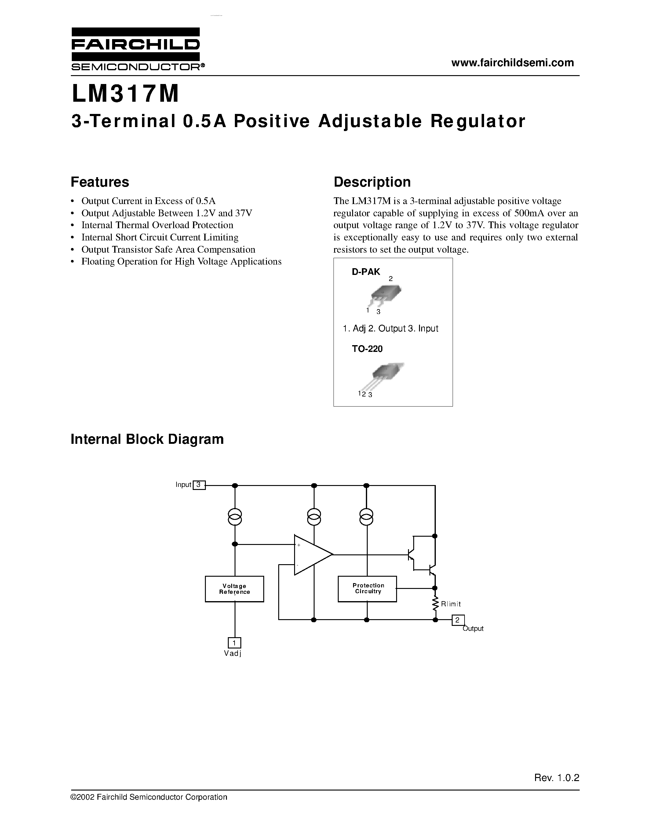 Даташит LM317M - 3-Terminal 0.5A Positive Adjustable Regulator страница 1