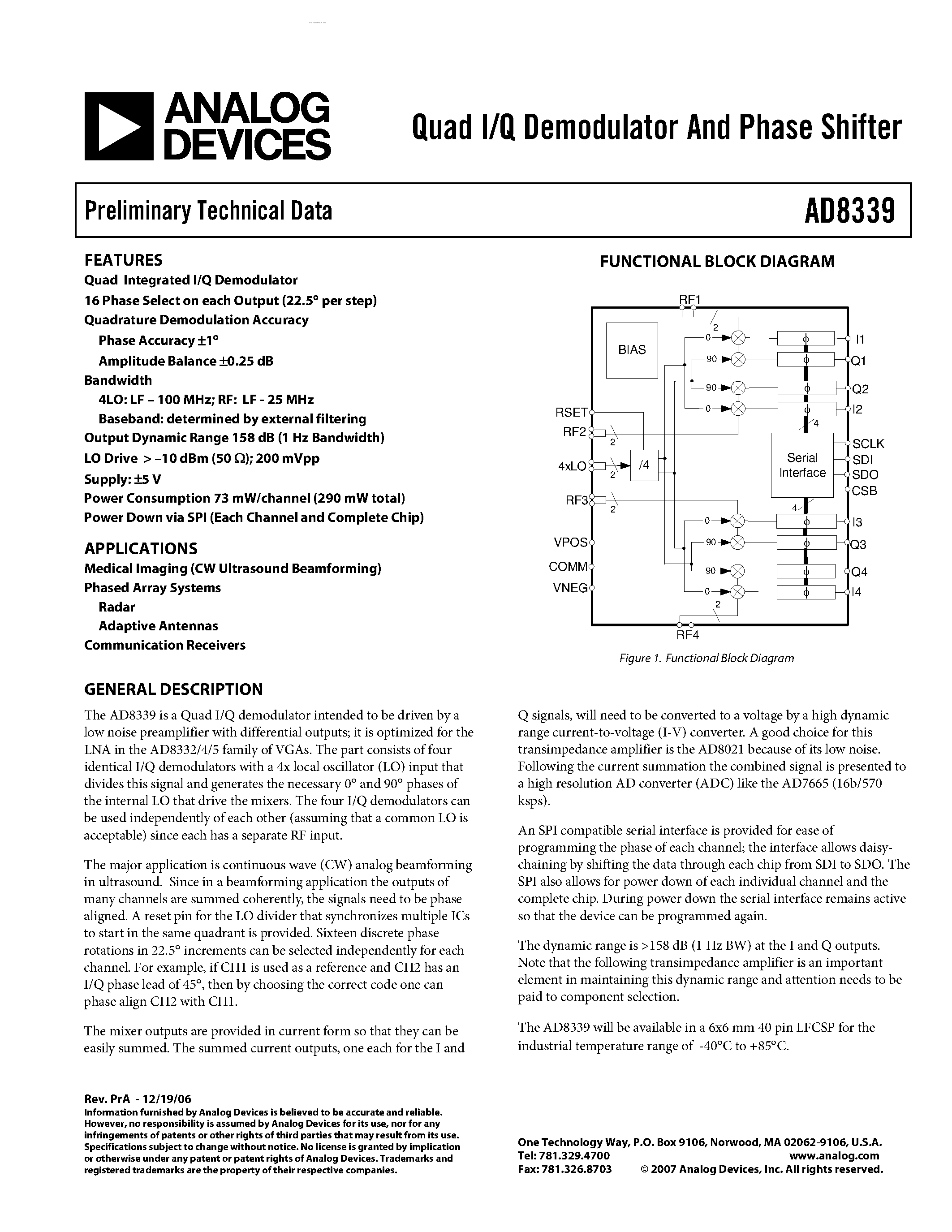 Datasheet AD8339 page 1 Datasheet AD8339 - Quad I/Q Demodulator And Phase Shifter page 1