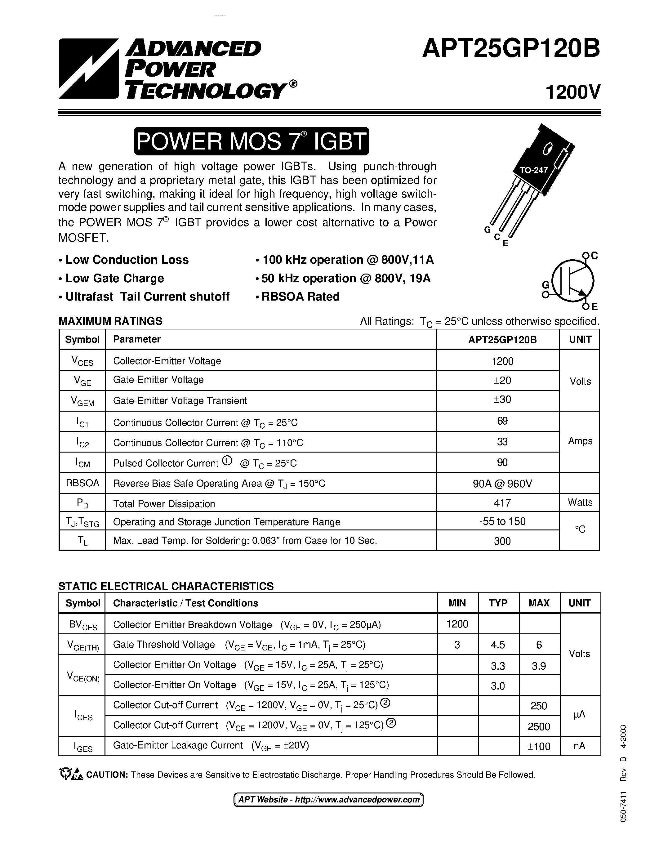 Datasheet APT25GP120B - POWER MOS 7 IGBT page 1