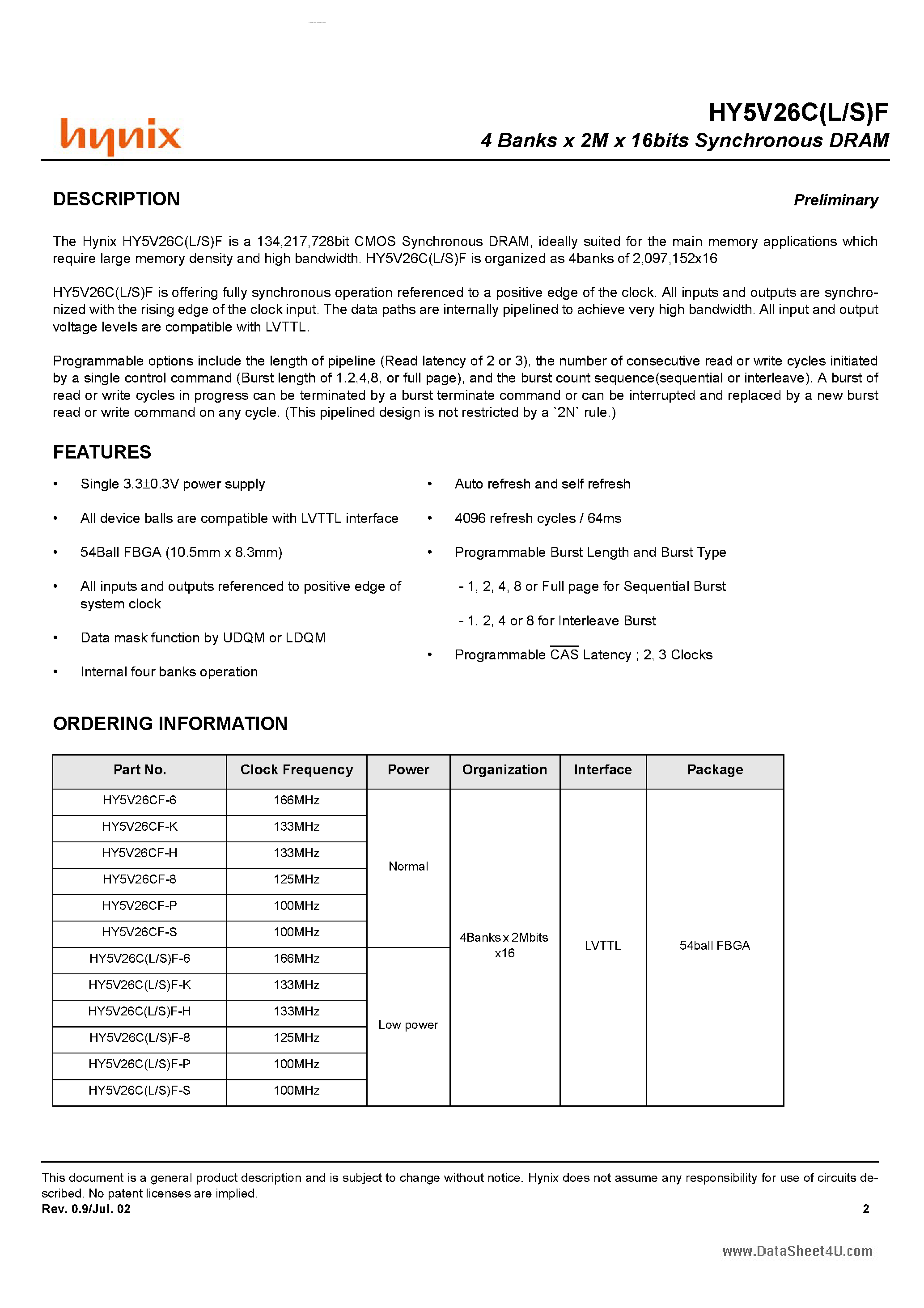 Datasheet HY5V26CF - (HY5V26CxF) 4 Banks X 2M X 16bits Synchronous DRAM page 1