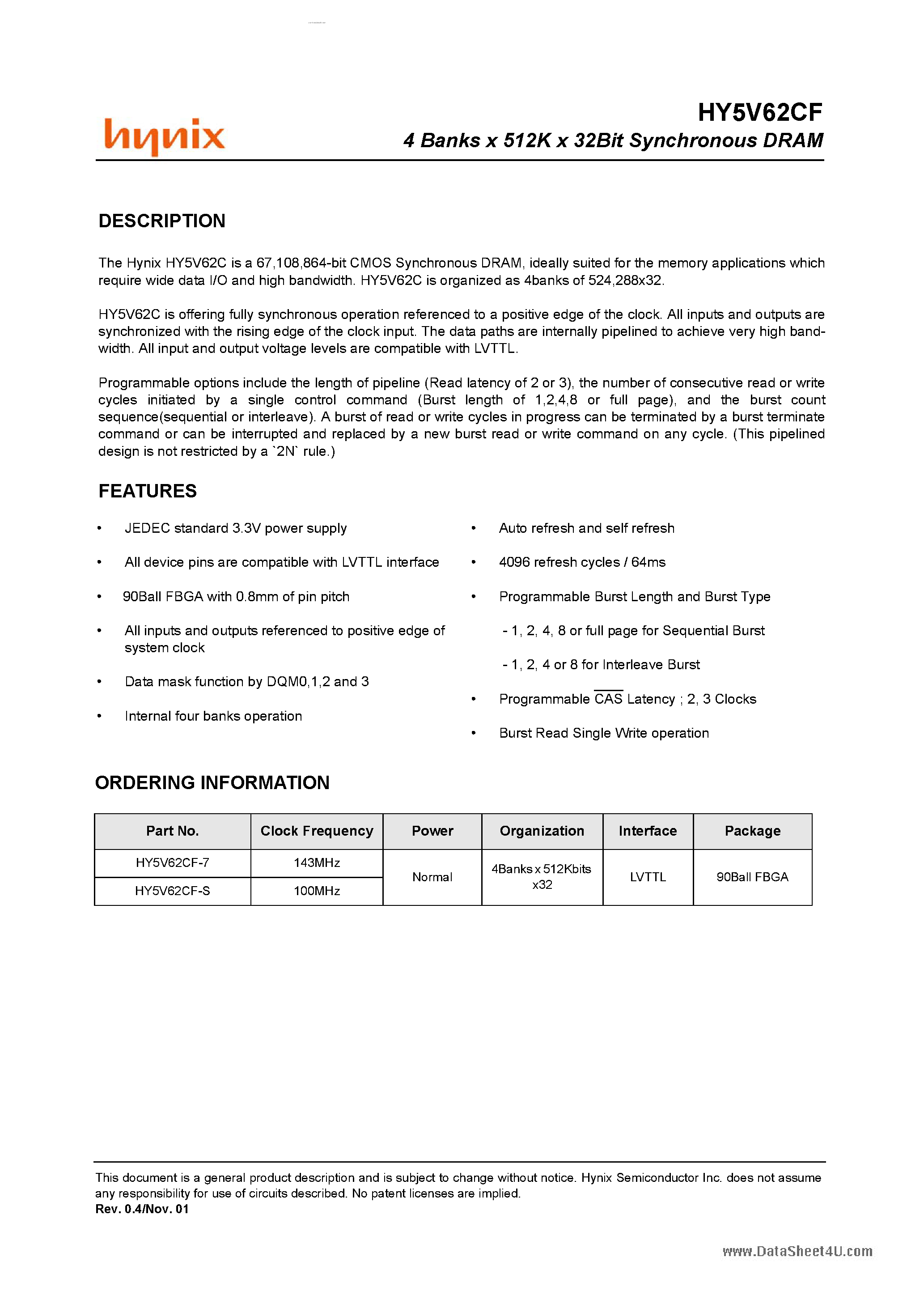 Datasheet HY5V62CF - 4 Banks X 512K X 32Bit Synchronous DRAM page 1