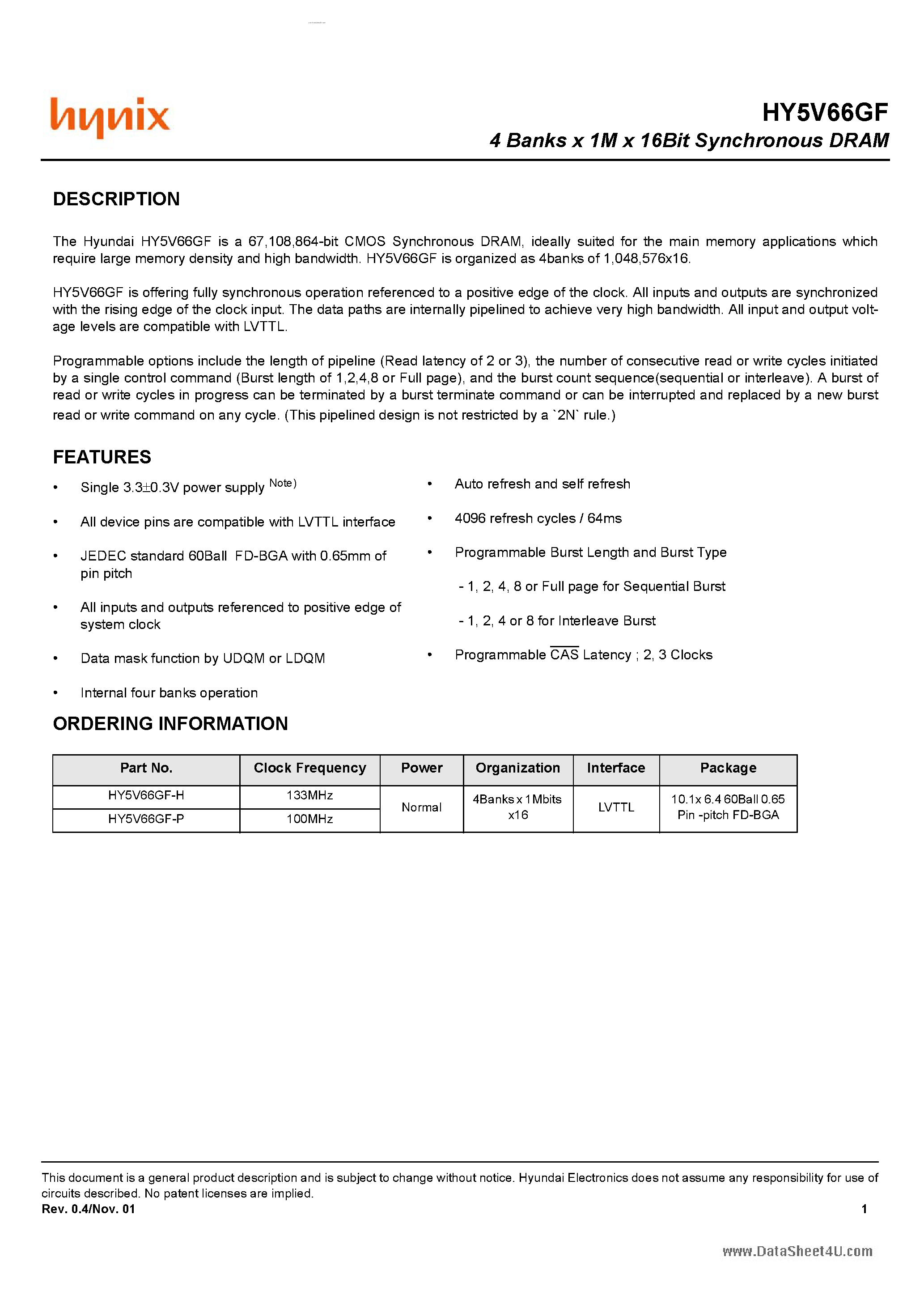 Datasheet HY5V66GF - 4 Banks X 1M X 16Bit Synchronous DRAM page 1