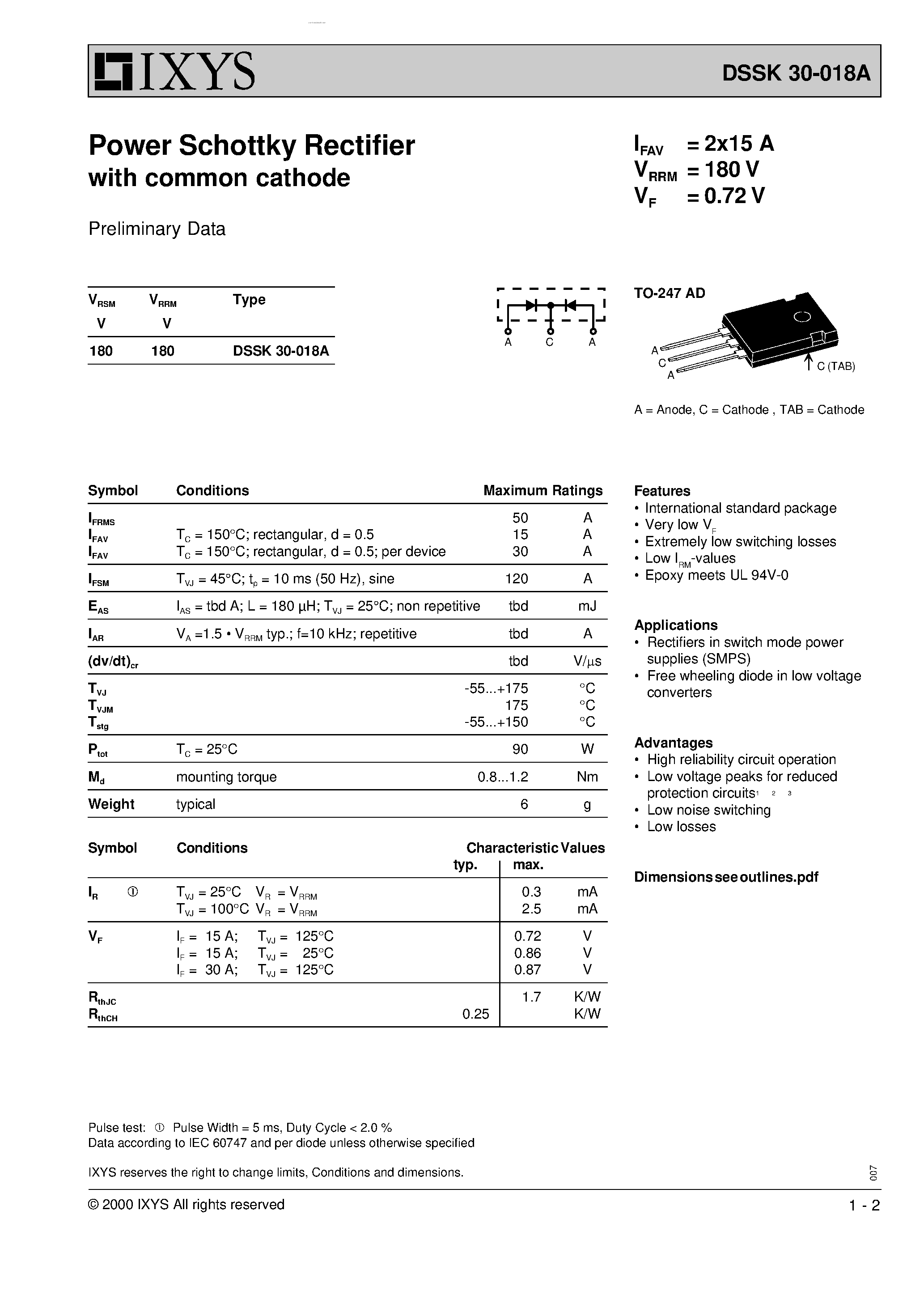 Datasheet DSSK30-018A - Power Schottky Rectifier page 1