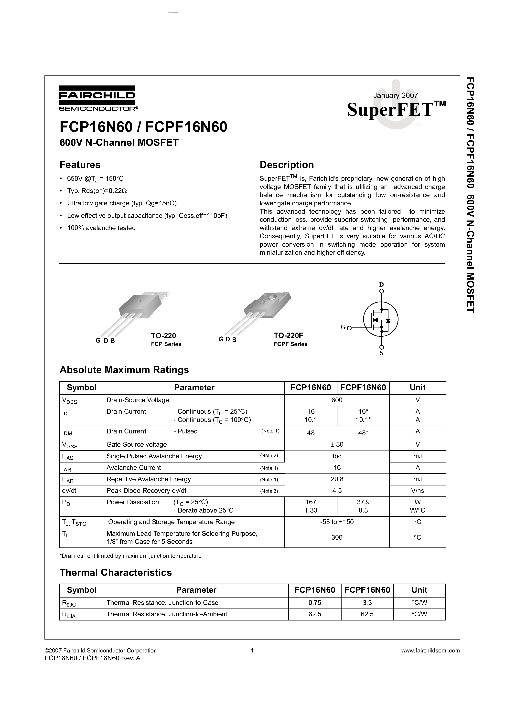 Datasheet FCP16N60 - N-Channel MOSFET page 1