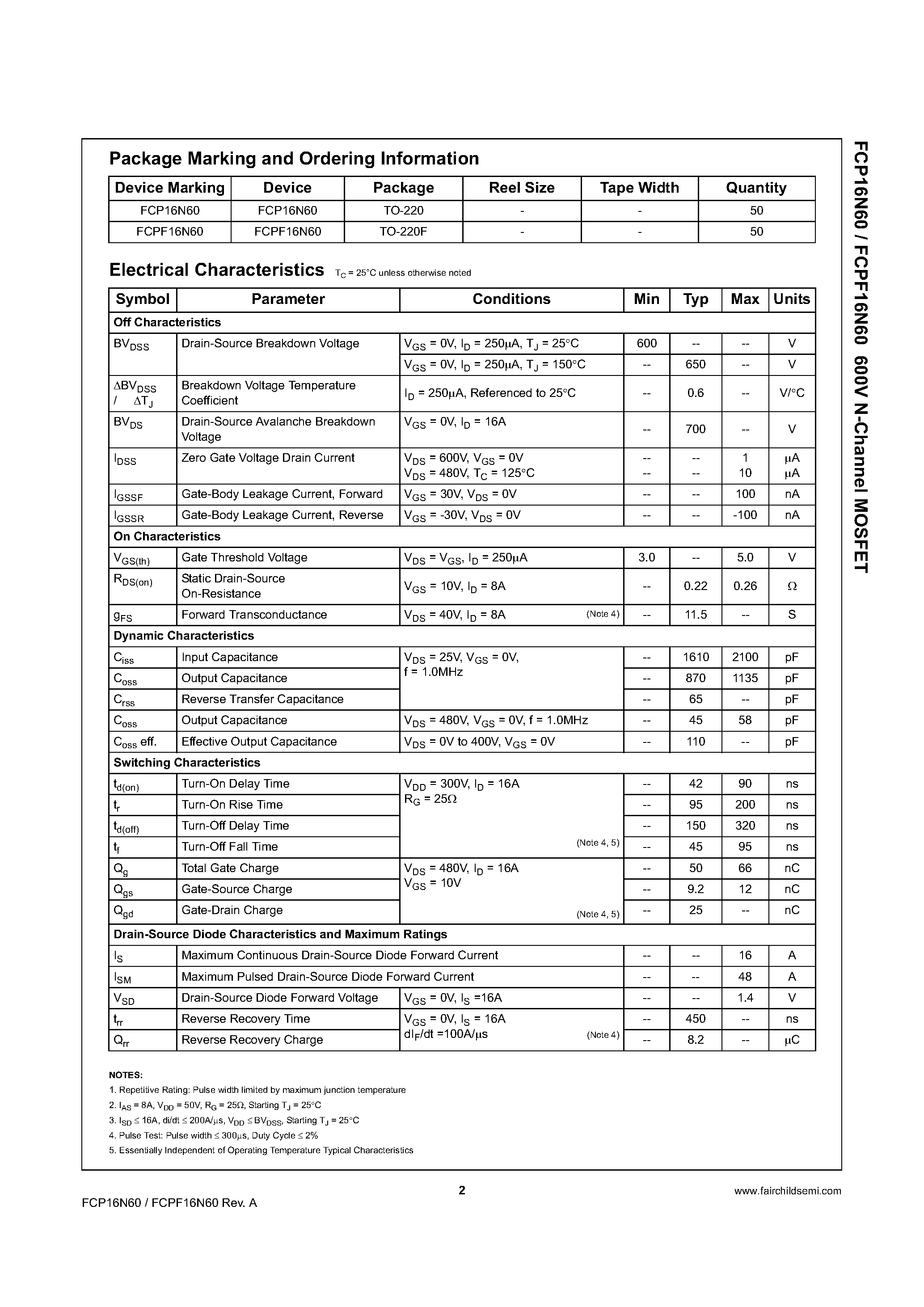 Datasheet FCP16N60 - N-Channel MOSFET page 2