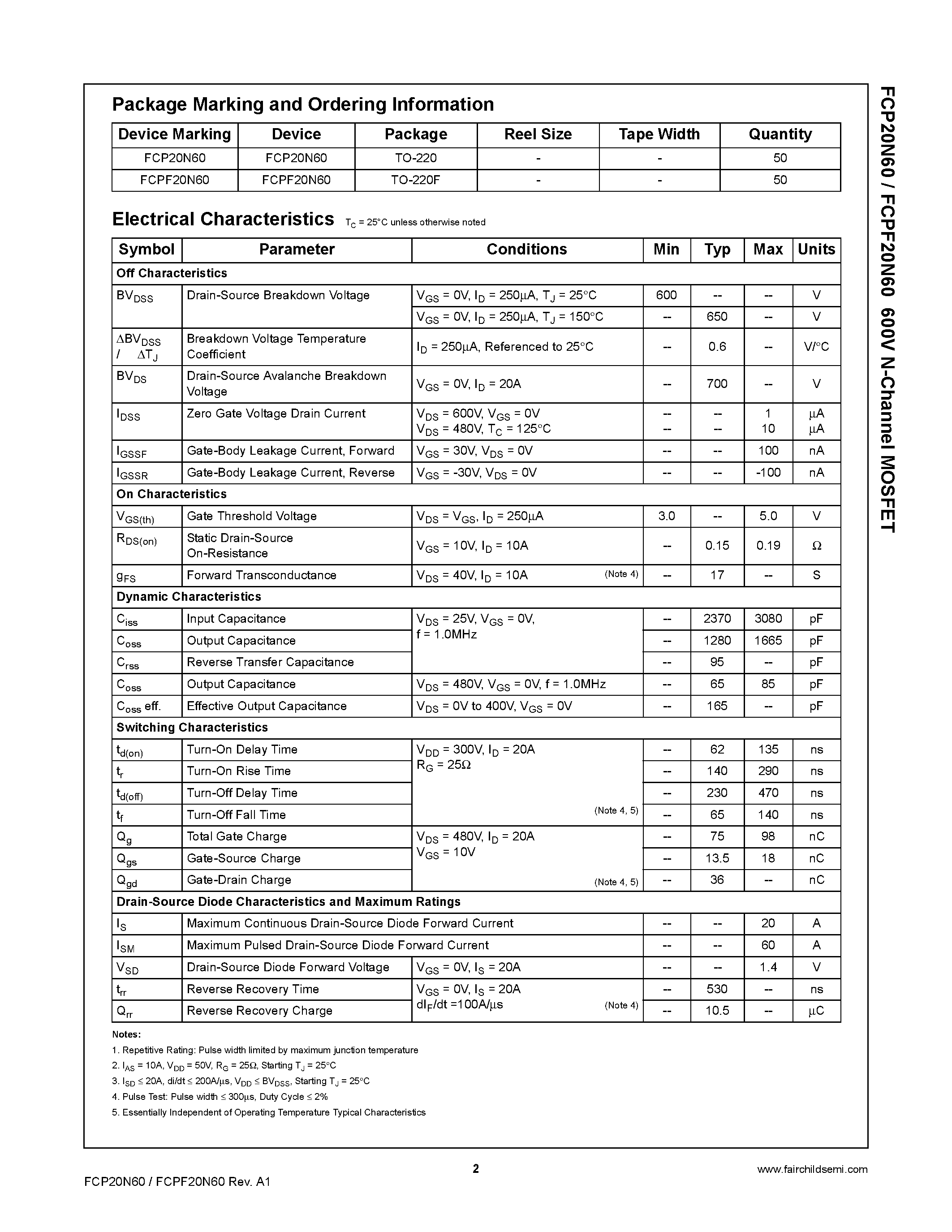 Datasheet FCP20N60 - N-Channel MOSFET page 2