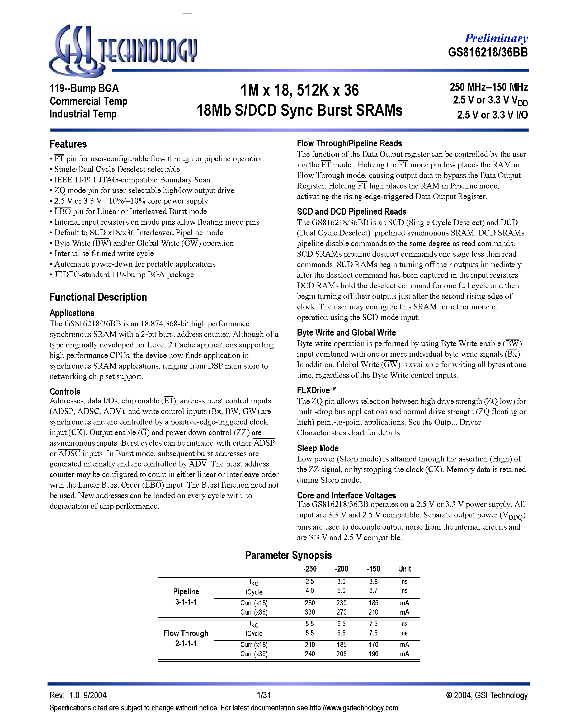 Datasheet GS816218 - (GS816218 / GS816236BB) S/DCD Sync Burst SRAMs page 1