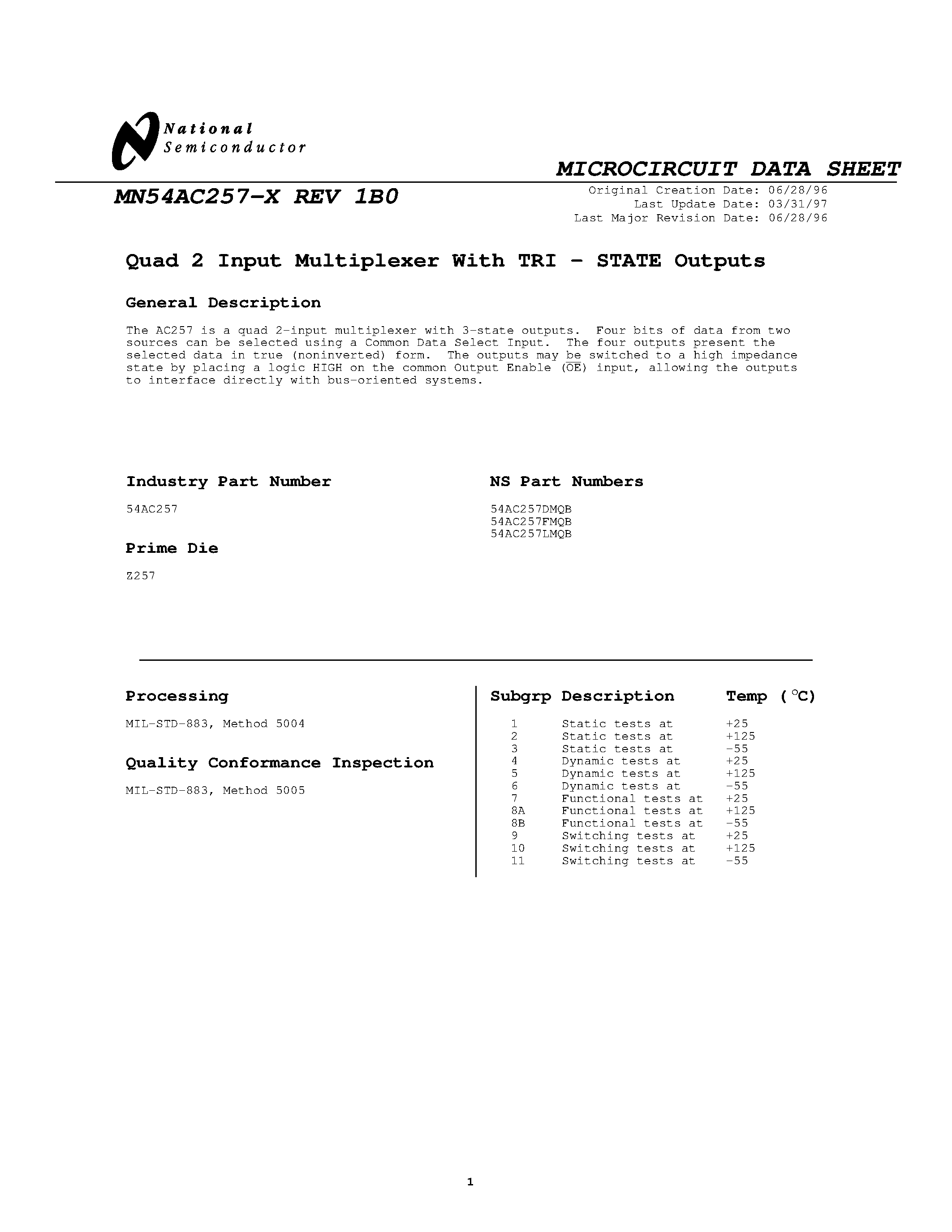 Datasheet MN54AC257-X page 1 Datasheet MN54AC257-X - Quad 2 Input Multiplexer page 1