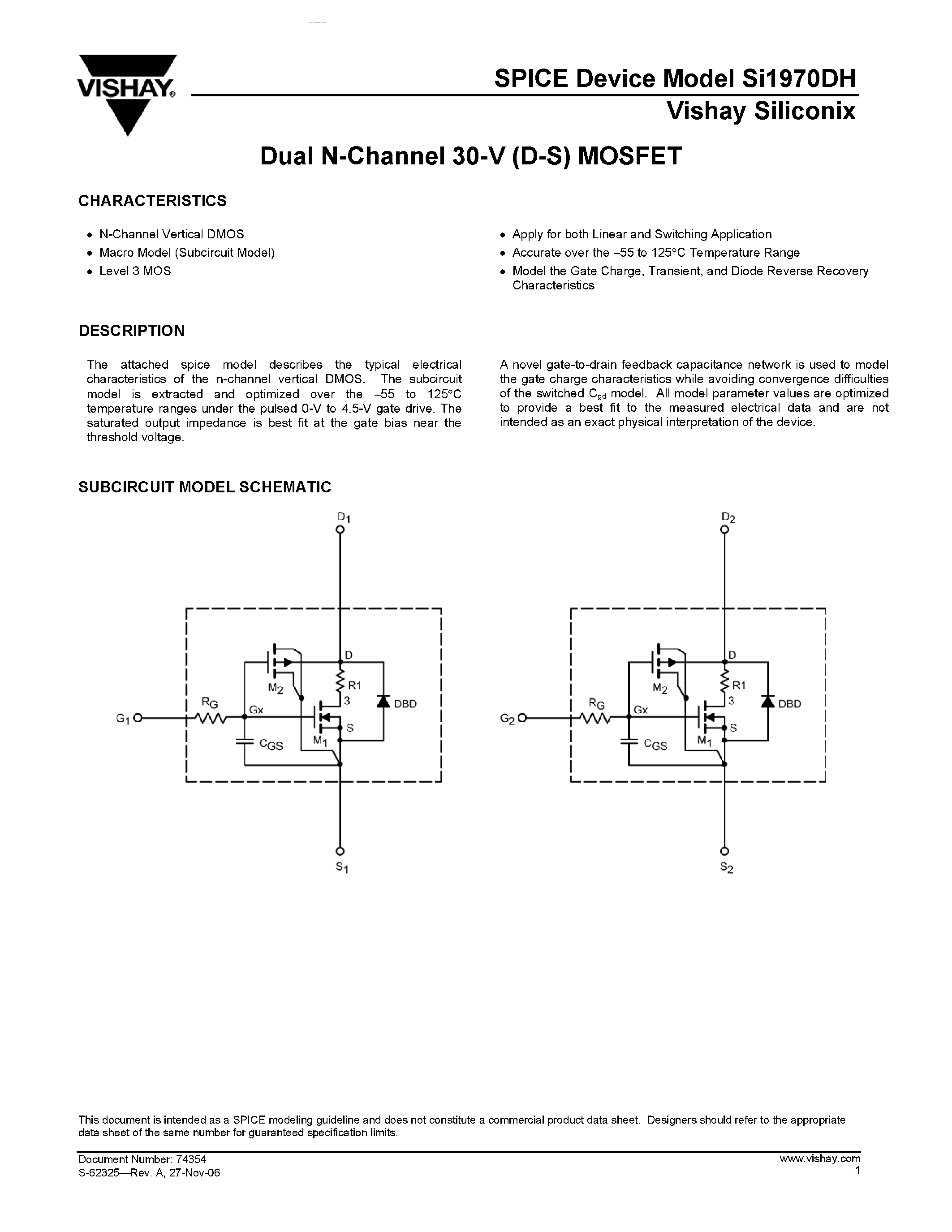 Даташит на микросхему SI1970DH страница 1 Даташит SI1970DH - Dual N-Channel 30-V (D-S) MOSFET страница 1